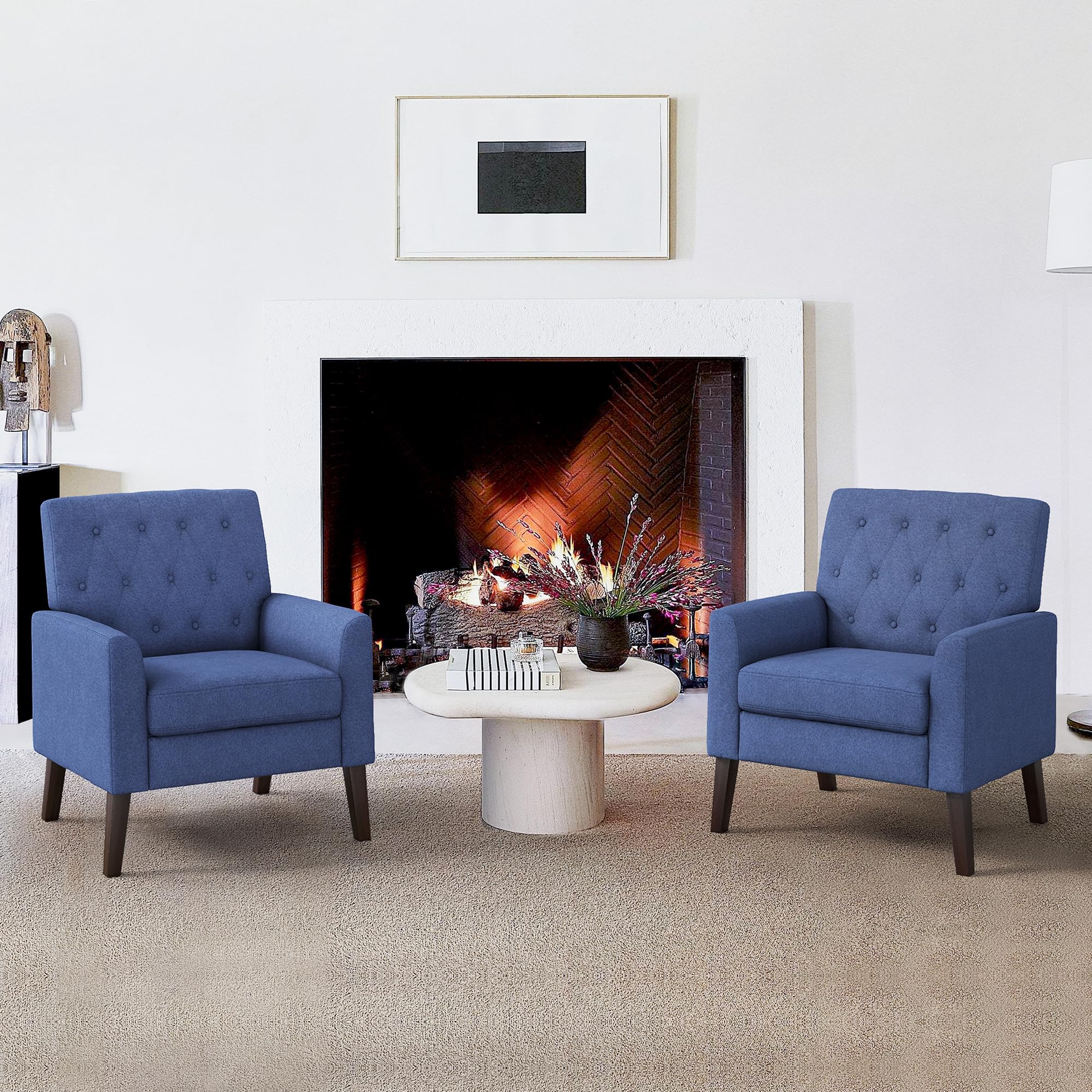 Lue Bona Navy Blue Linen Accent Chairs Set Of 2 18.5' H, Button Tufted Arm Chairs, Comfy Living Room Chair With Arms, Upholster