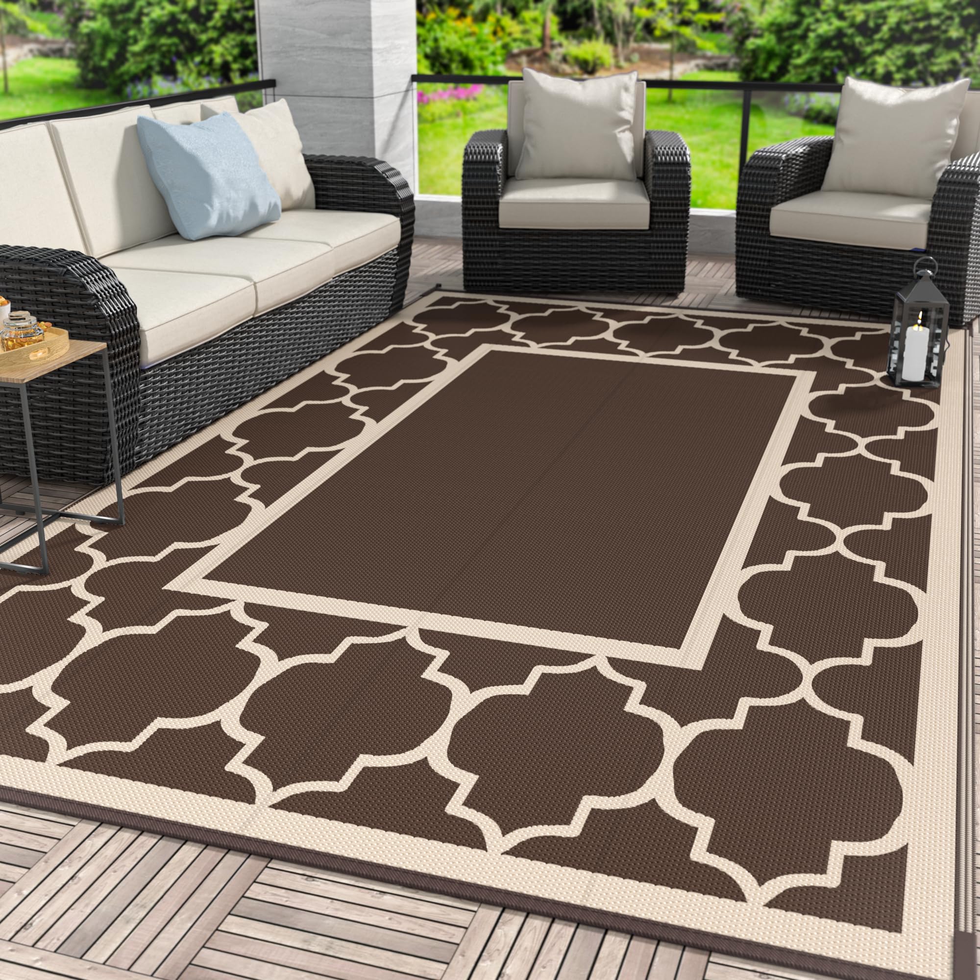 Genimo 6' X 9' Outdoor Rug Waterproof For Patio Decor, Foldable Reversible Plastic Straw Area Rugs Mat For Camper, Outside Carpe