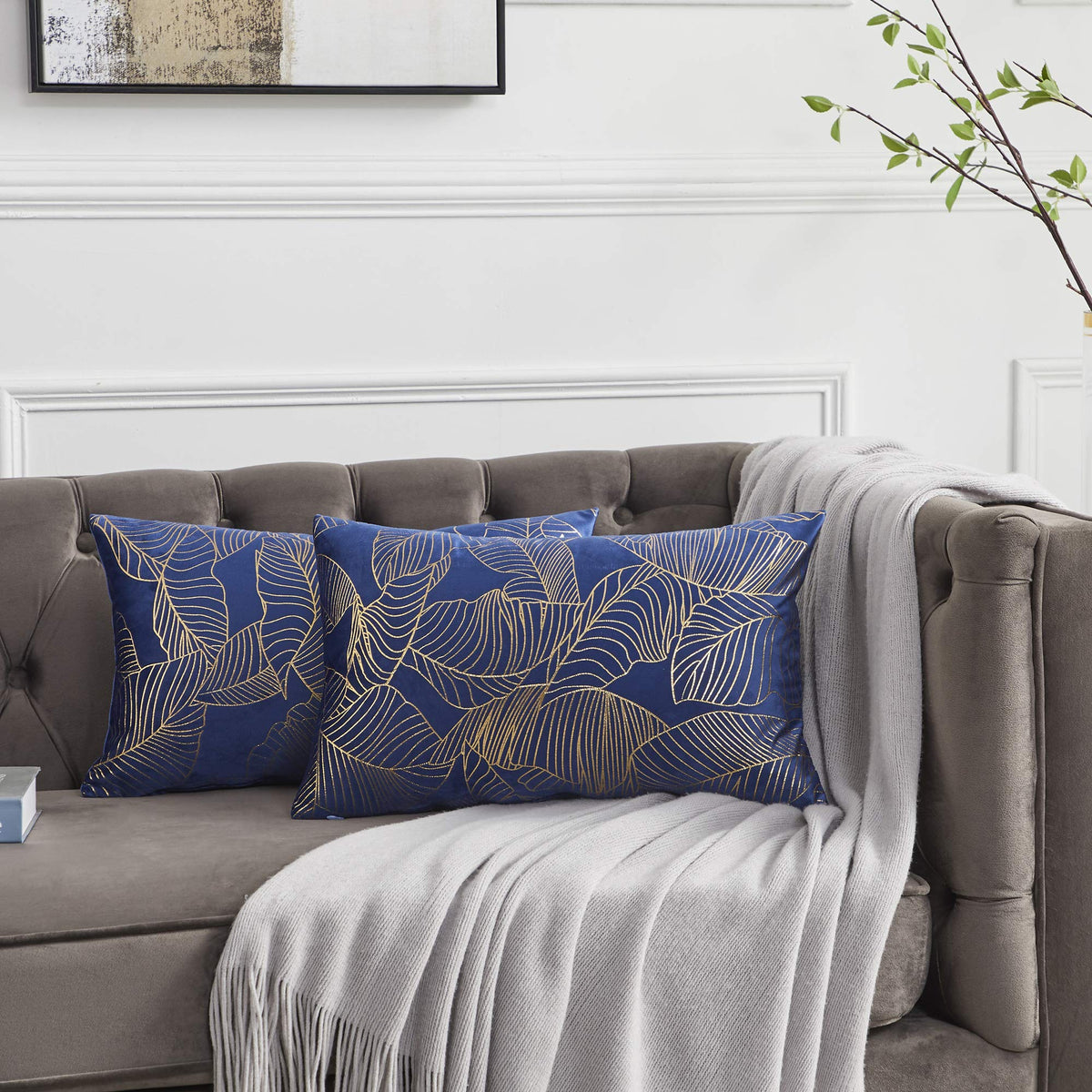 Gigizaza Blue Velvet Throw Lumbar Pillow Covers, 12X20 Decorative Gold Leaves Pillow Covers,Fall Cushion Covers For Sofa, Pack O
