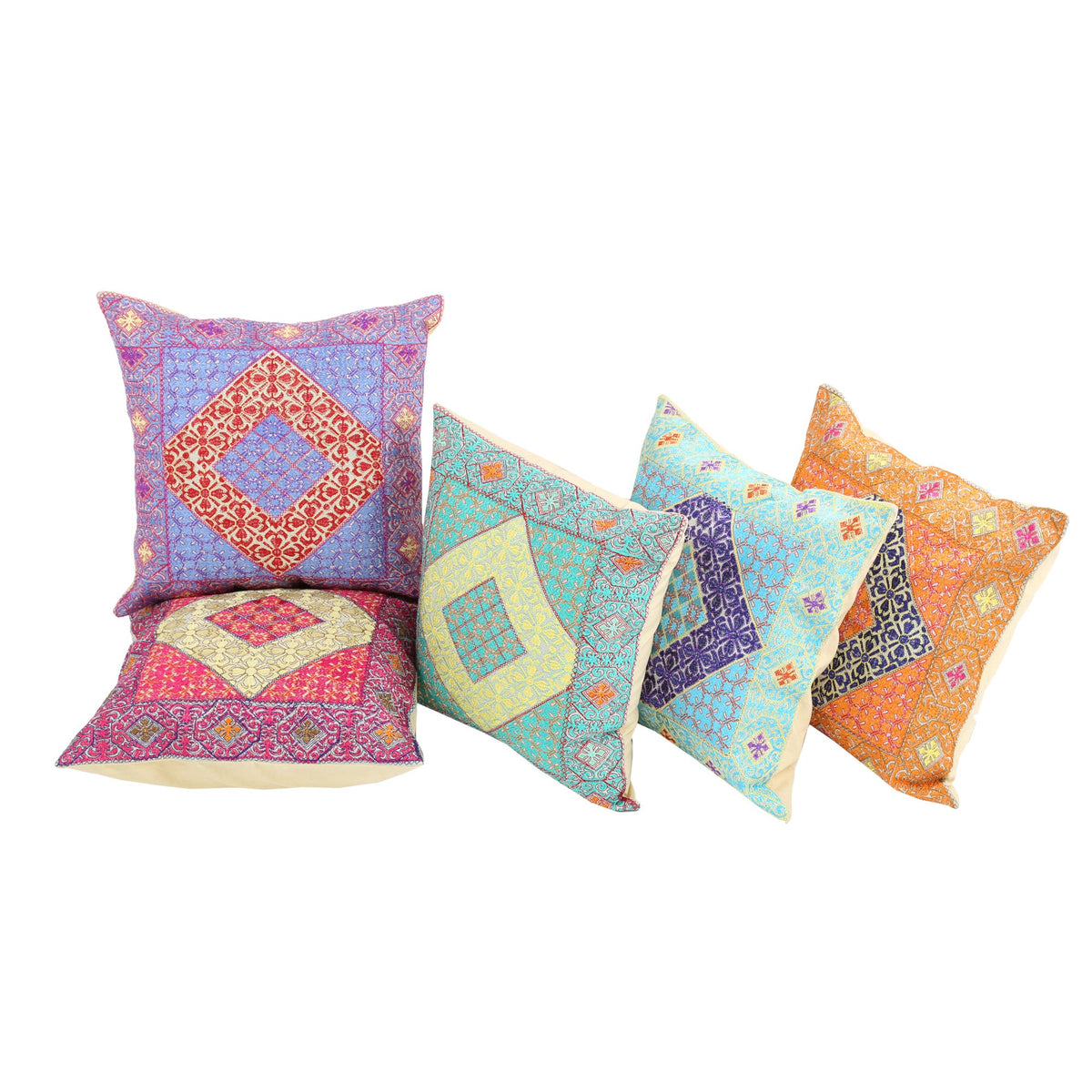 Indigenous Handicrafts Multicolor Linen Embroidered Cushion Cover Set Of 5 Piece (41X41 Cm)