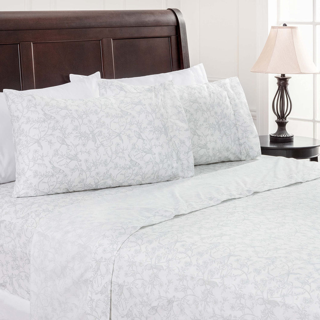 Chanasya Premium Vintage Style Birds Botanical Toile Printed King Size Bed Sheet Set - 1 Flat 1 Fitted Sheet 2 Pillowcases - 4-P