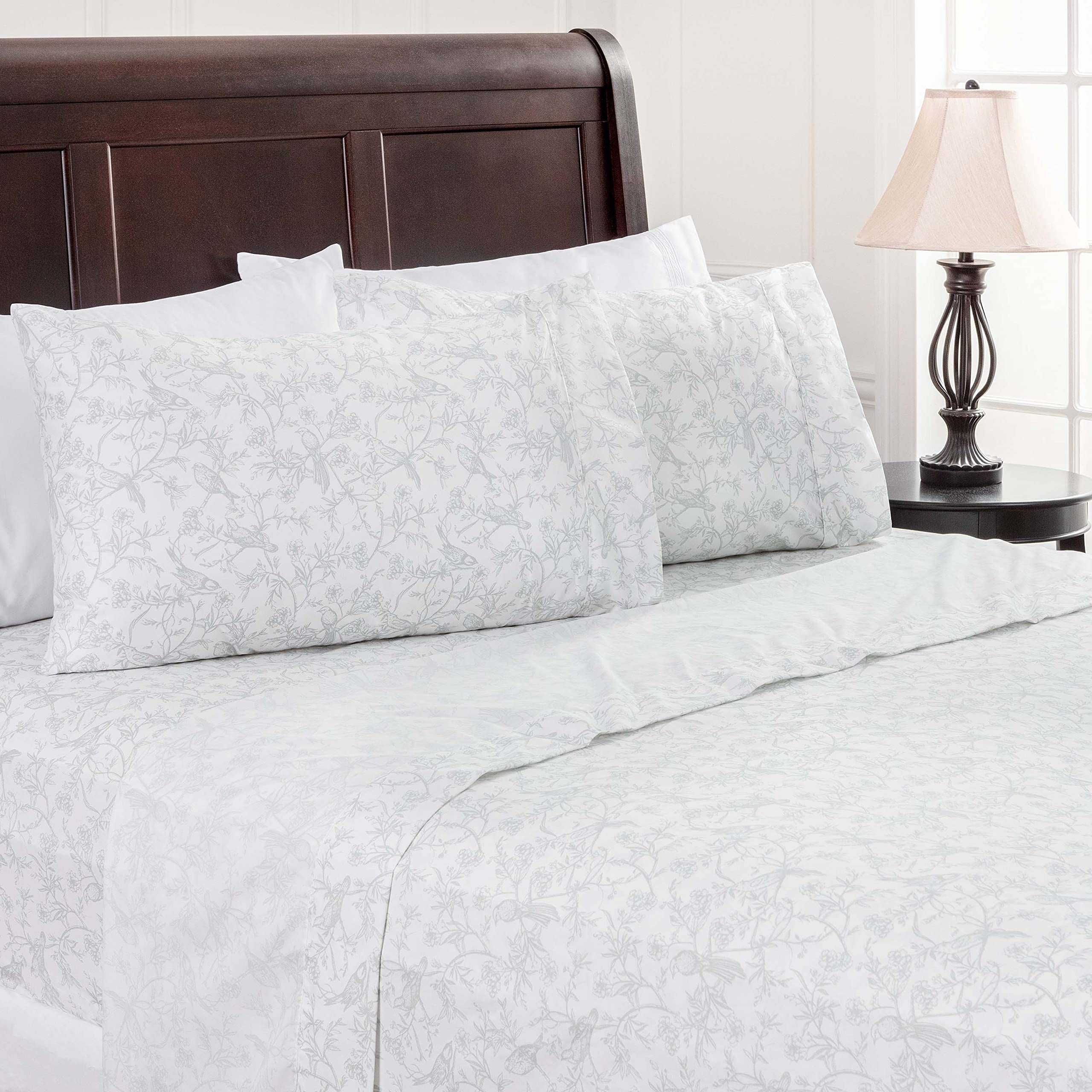 Chanasya Premium Vintage Style Birds Botanical Toile Printed King Size Bed Sheet Set - 1 Flat 1 Fitted Sheet 2 Pillowcases - 4-P