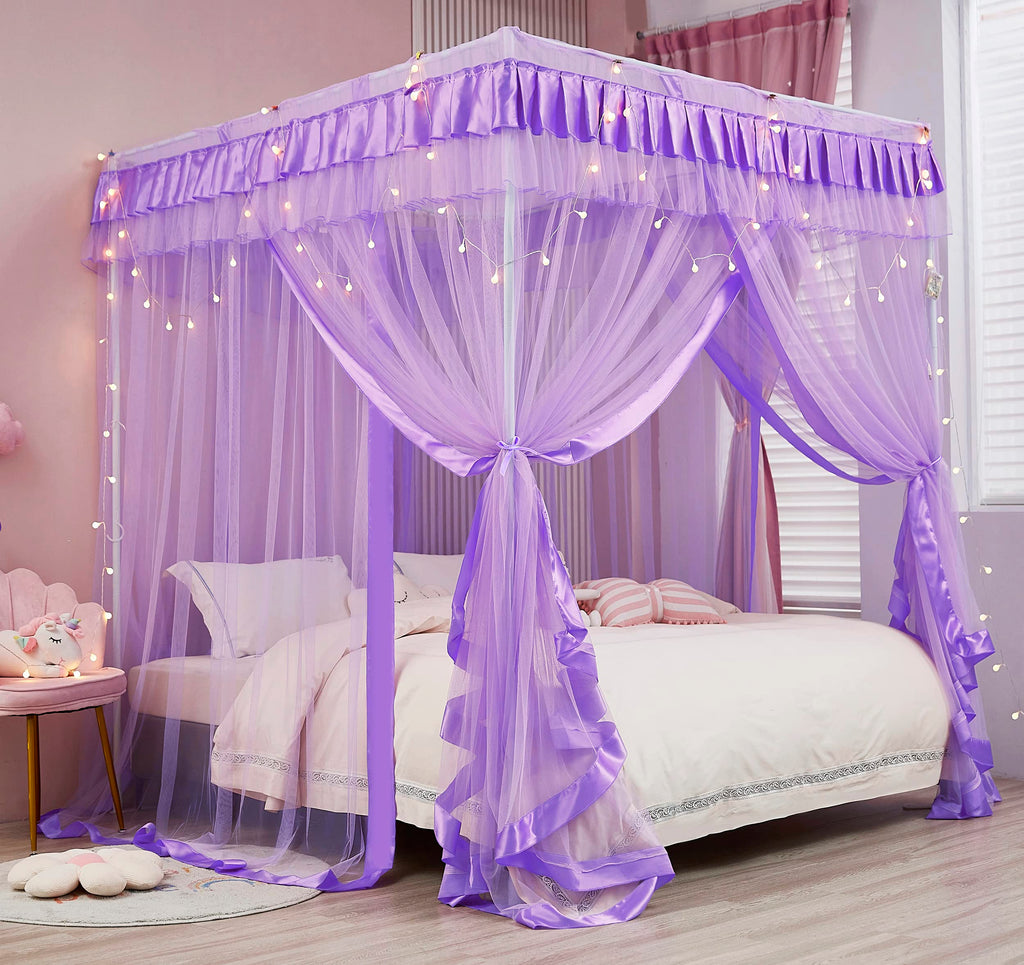 Mengersi Canopy Bed Curtains Queen Size - Bed Canopy Curtains - 4 Opening Canopy For Bed- Cute Princess Bedroom Decoration Gift
