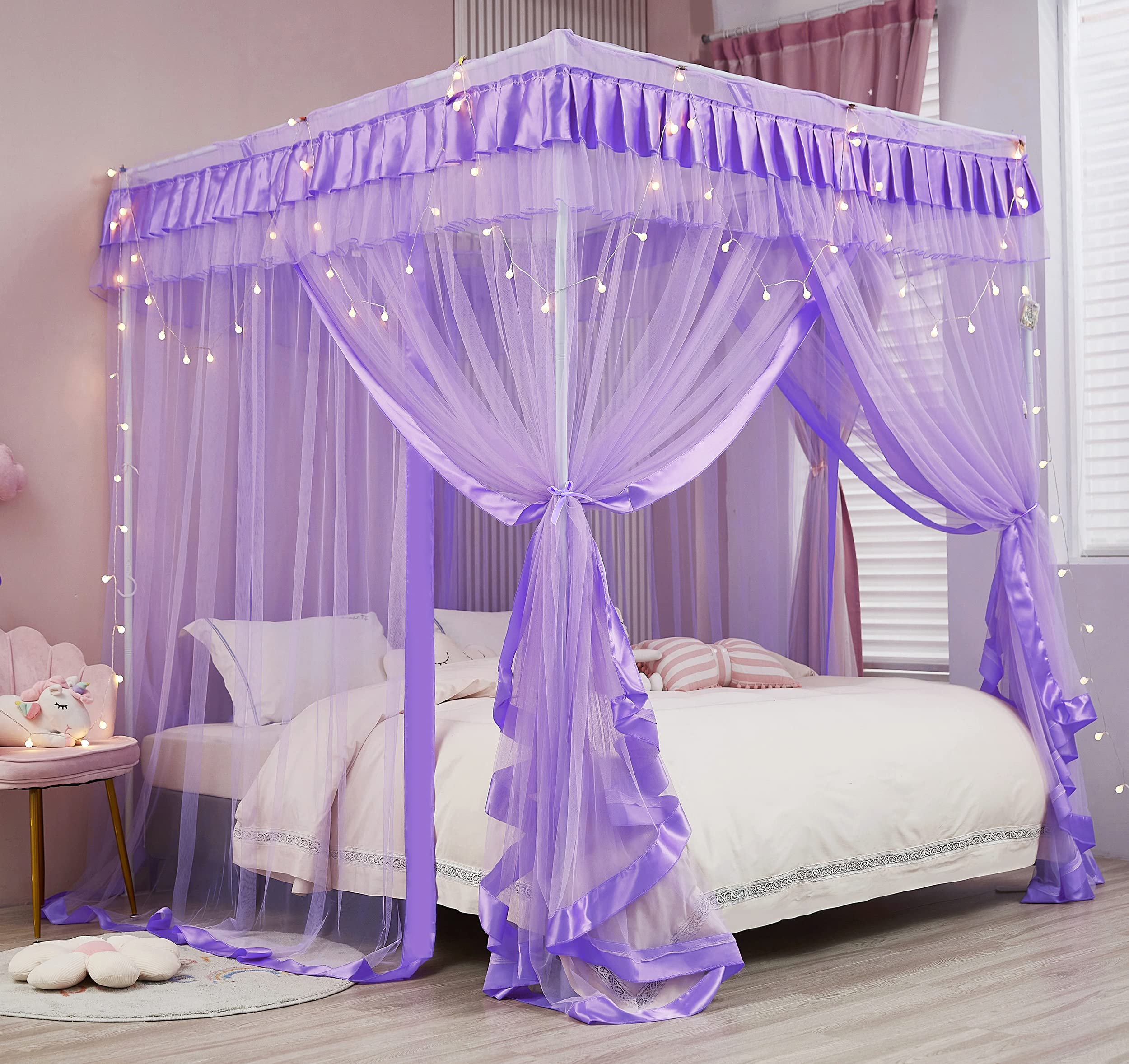 Mengersi Canopy Bed Curtains Queen Size - Bed Canopy Curtains - 4 Opening Canopy For Bed- Cute Princess Bedroom Decoration Gift