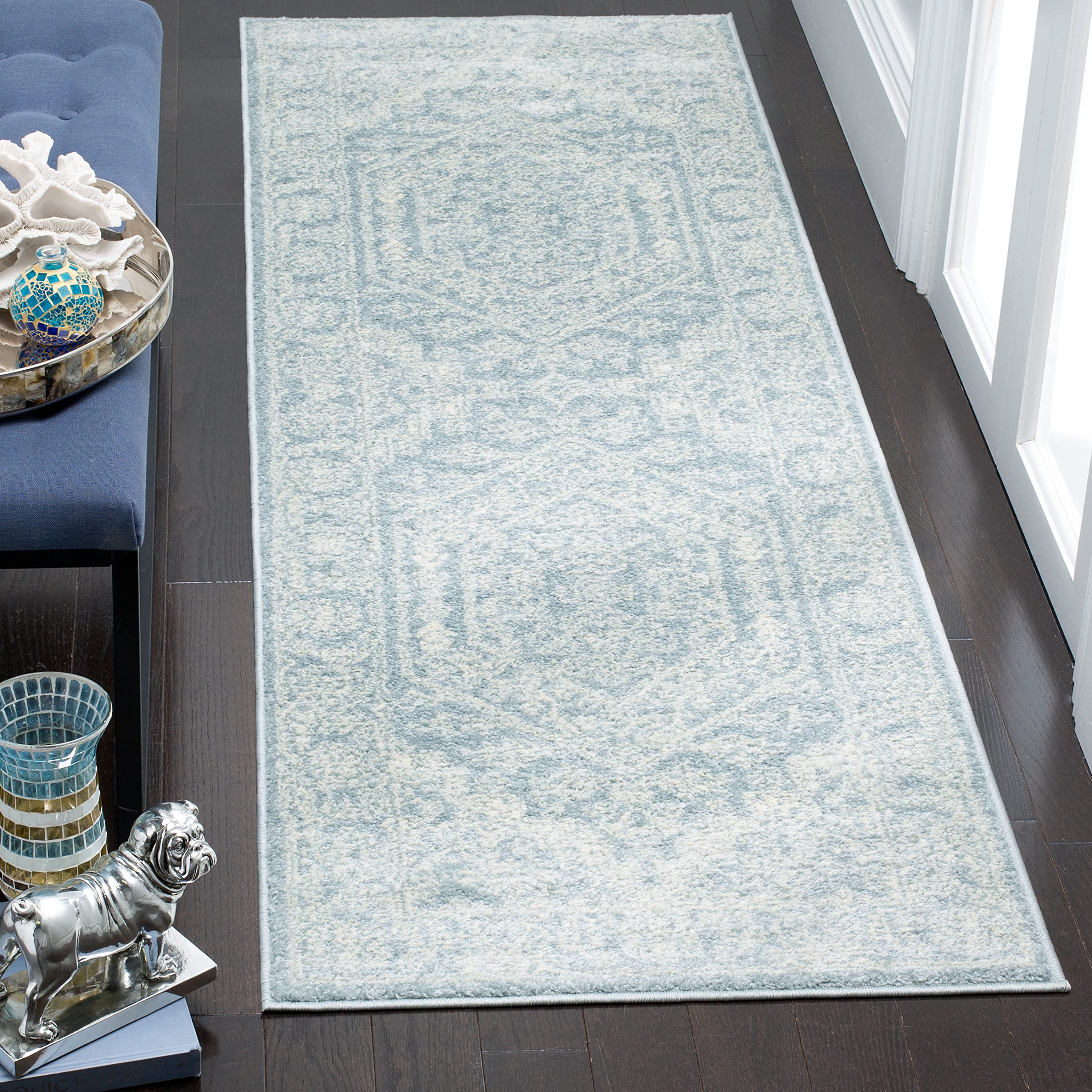 SAFAVIEH Adirondack Collection Runner Rug - 26 x 12, Slate & Ivory, Oriental Medallion Design, Non-Shedding & Easy Care, Ideal