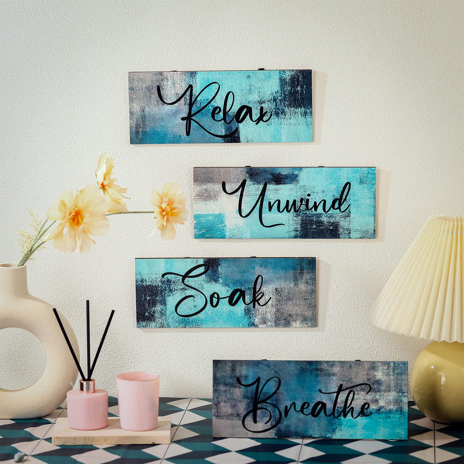 Maitys 4 Pcs Bathroom Wall Decor 10 X 4 Inch Bathroom Wall Art Contemporary Wood Bathroom Pictures For Wall Soak Unwind Relax Wa