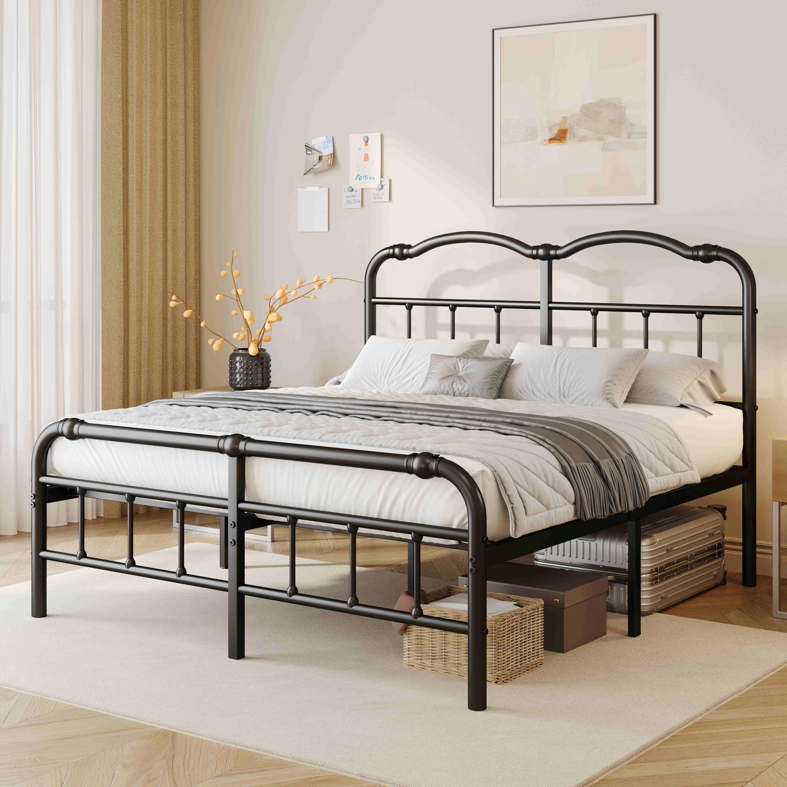 ZIYOO Vintage-Inspired 14 Inch Metal Bed Frame - Victorian Headboard & Footboard, Sturdy Platform Design, Under Bed Storage, No 
