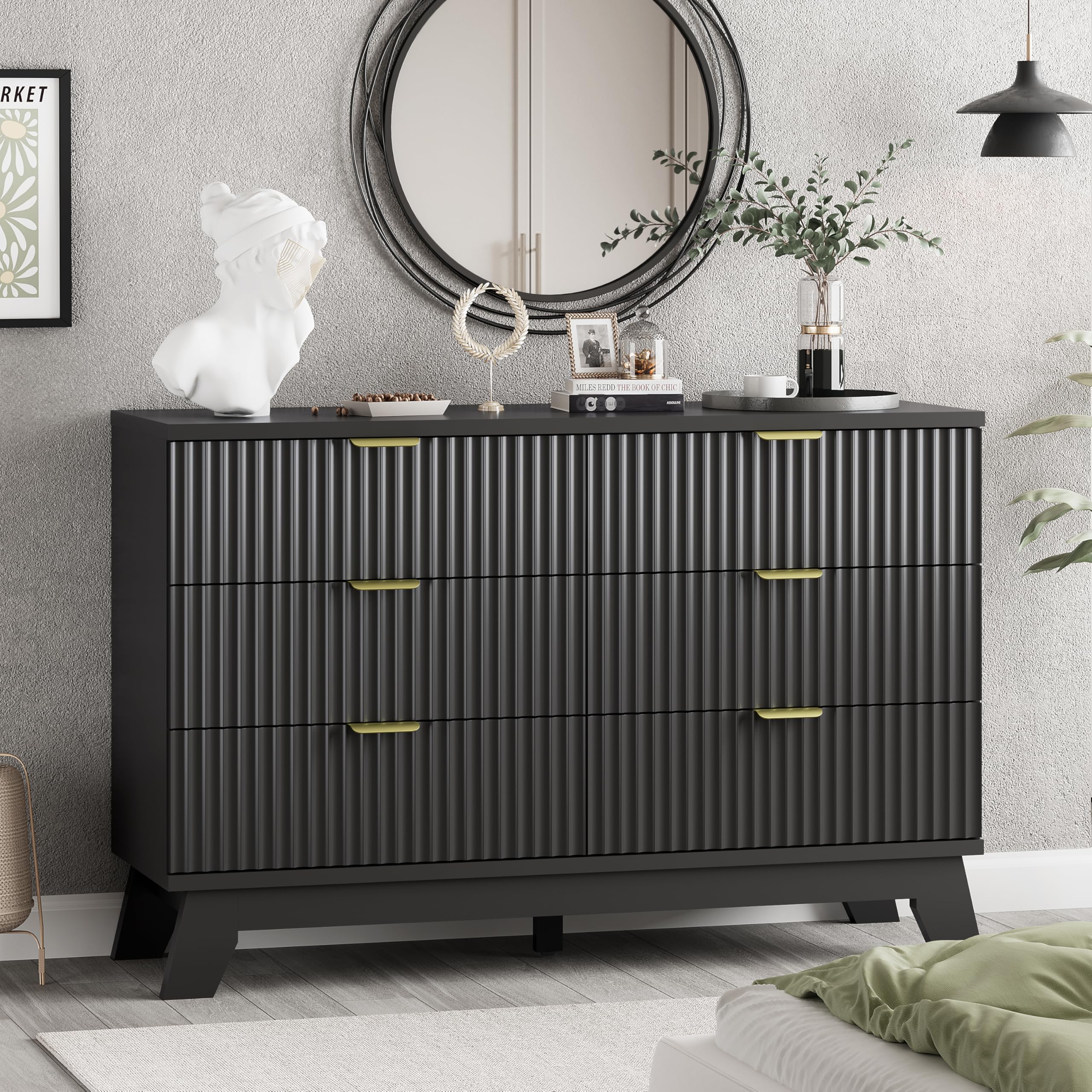 Xixini Fluted Dresser for Bedroom with 6 Drawers, 48 Wide Wooden Chest of Drawers with Metal Handle, Modern Dresser TV Stand, Wo