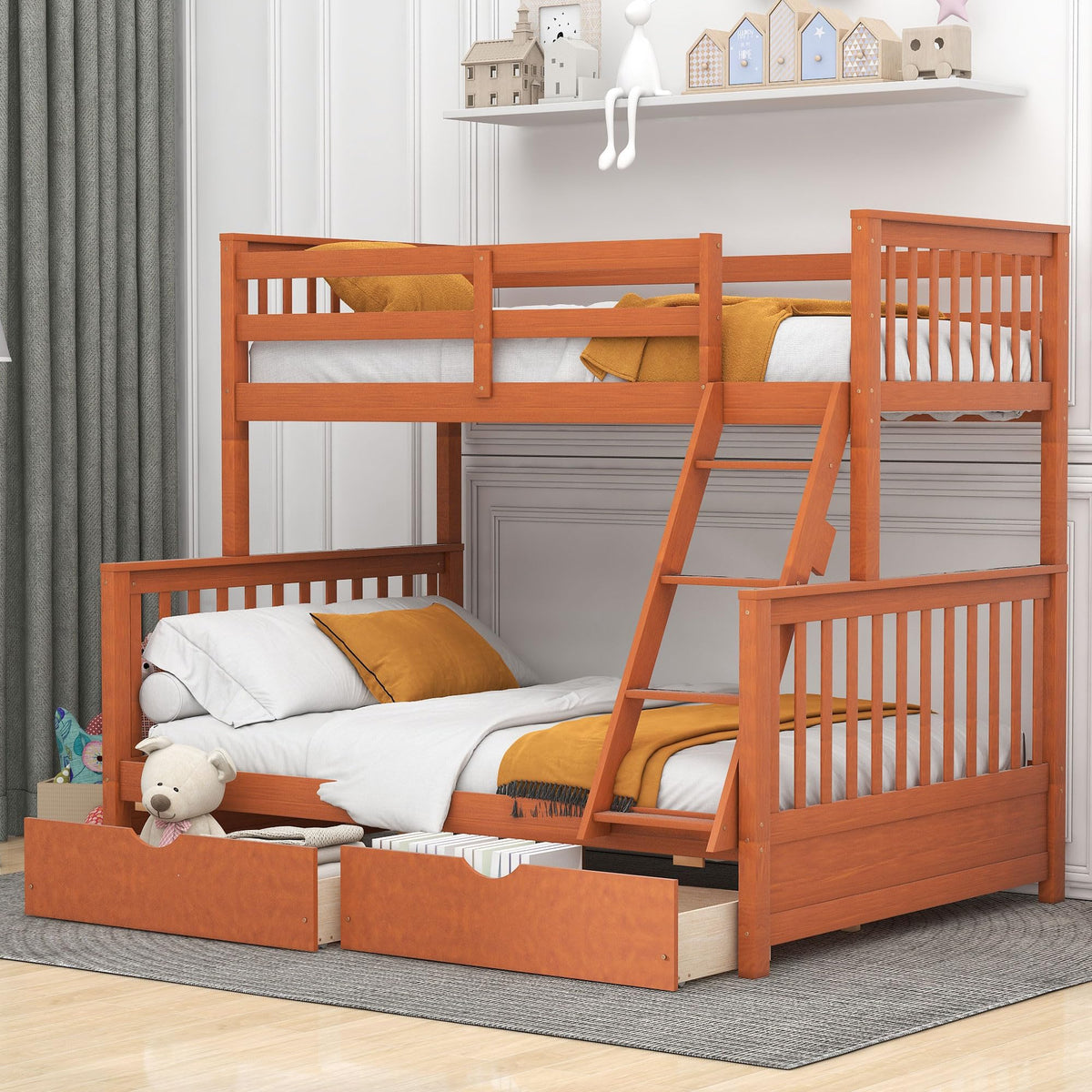 Merax Wood Bunk Bed With Drawers,Convertible Wood Bunk Bed With Ladders And Two Storage Drawers,Solid Wood Detachable Bunk Bed Frame With Ladders,Twin Over Full Size,Walnut