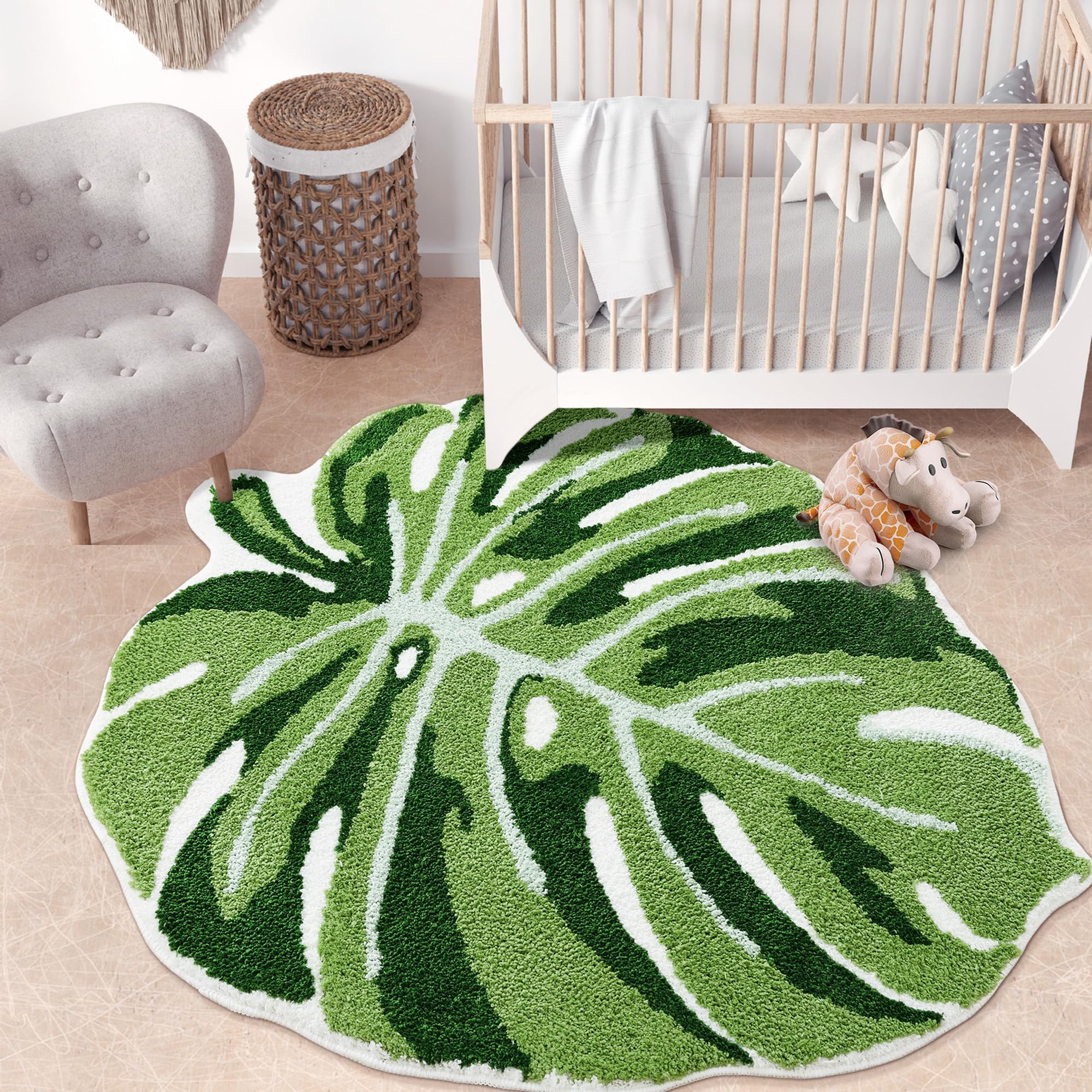 Panstar Green Leaf Kids Rug, Monstera Shaped Rug For Bedroom Bathroom Non Slip Microfiber Tufted Plant Large Bath Mat Boho Home