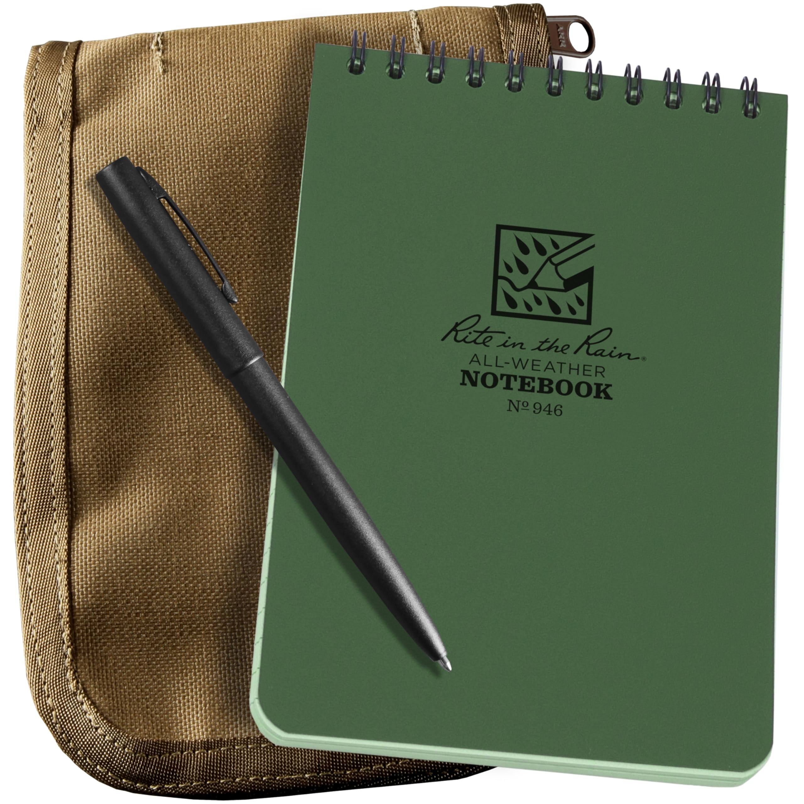 Rite In The Rain Weatherproof 4' X 6' Top Spiral Notebook Kit: Tan Cordura Fabric Cover, 4' X 6' Green Notebook, And An Weat