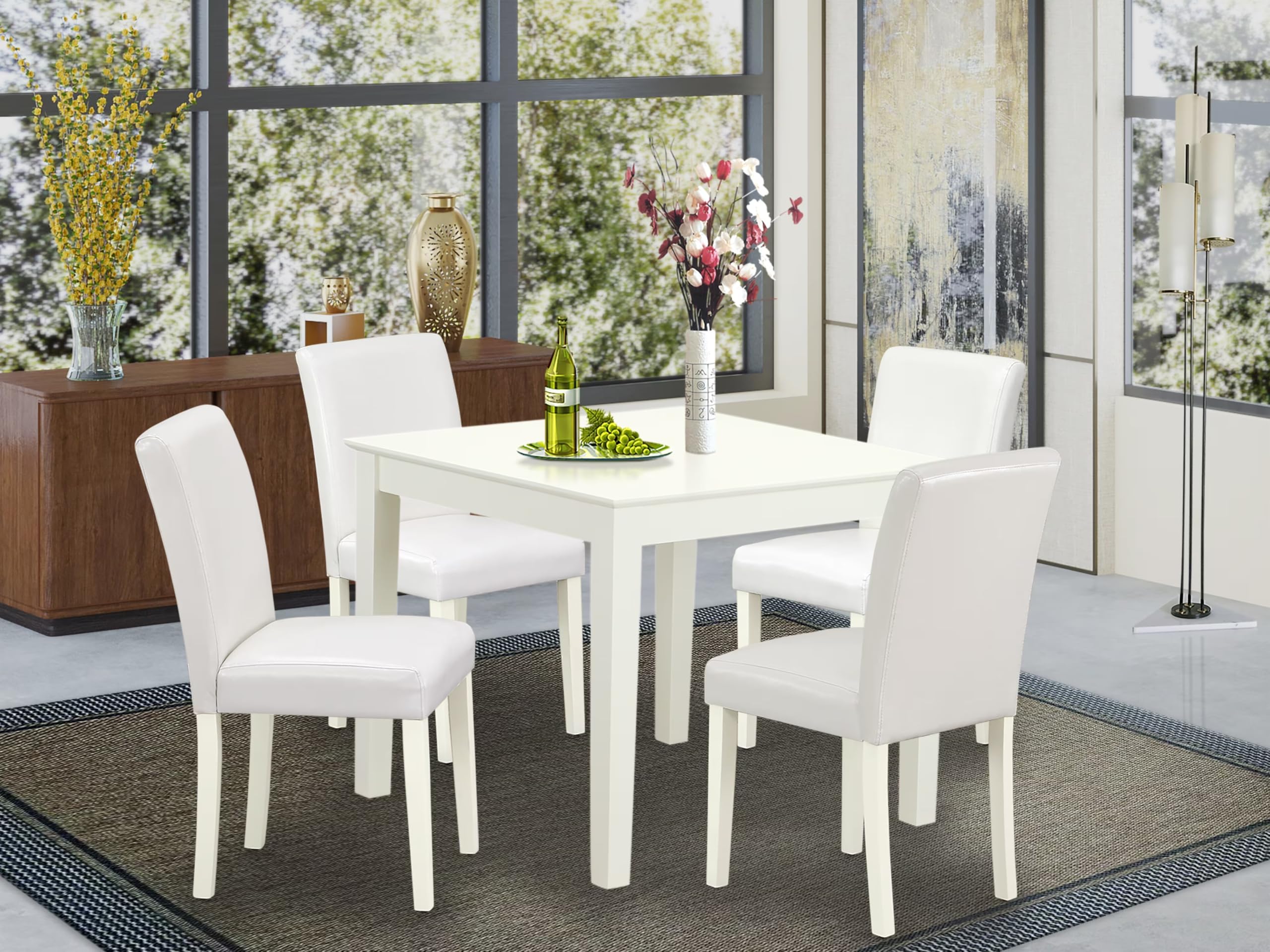 East West Furniture Oxab5-Lwh-64 5 Piece Dining Room Table Set Includes A Square Wooden Table And 4 White Faux Leather Upholstered Parson Chairs, 36X36 Inch, Linen White