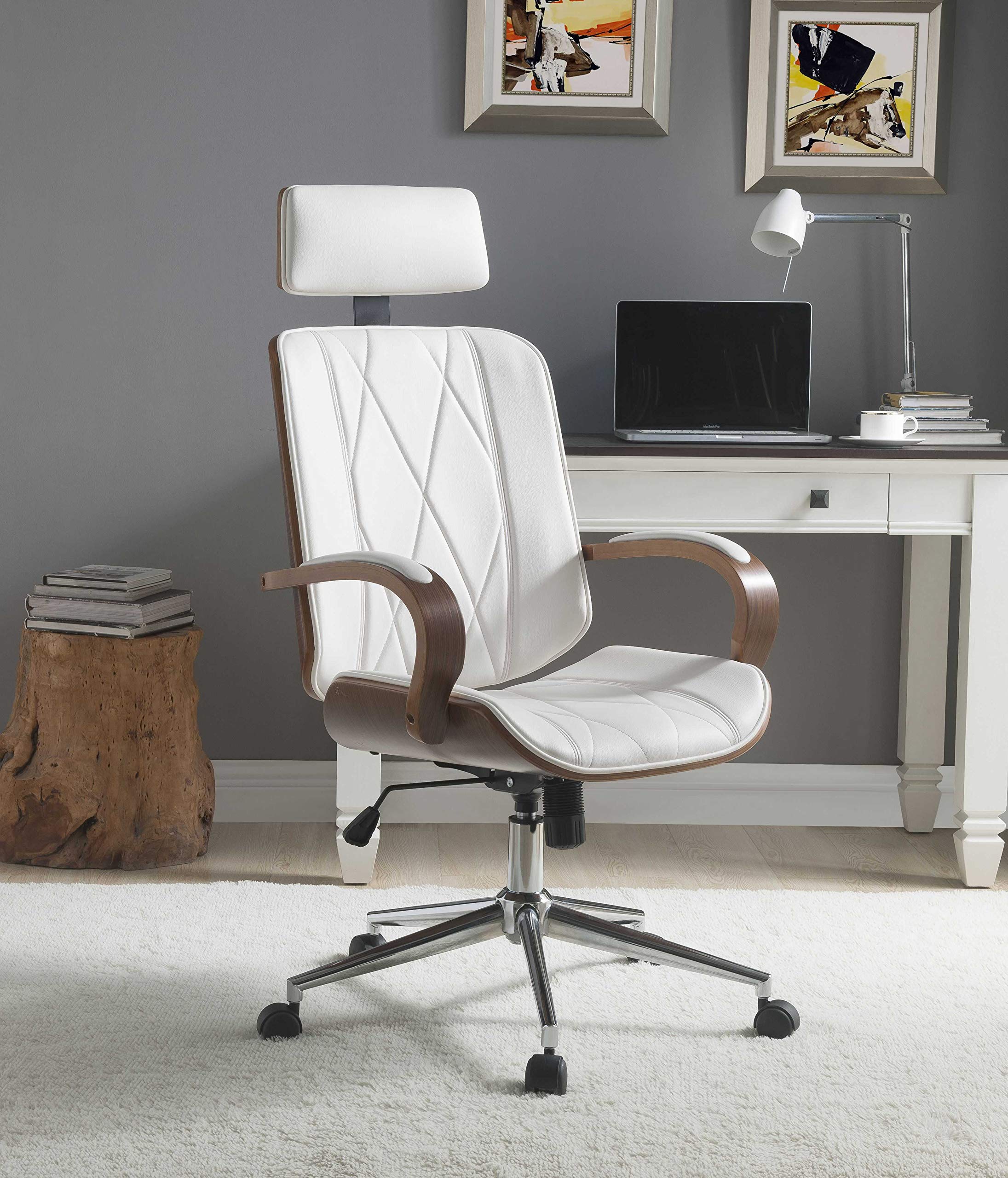HomeRoots PU, Wood, Metal, Foam, Ga 24' X 26' X 46-49' White Leatherette and Walnut Office Chair
