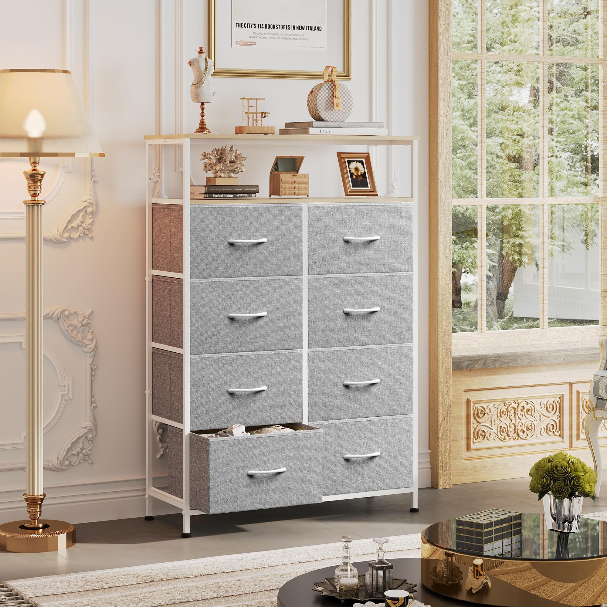 Wlive Fabric Dresser For Bedroom With Open Shelves, Tall Dresser With 8 Drawers, Storage Tower With Fabric Bins, Chest Of Drawers For Closet, Living Room, Hallway, Light Gray