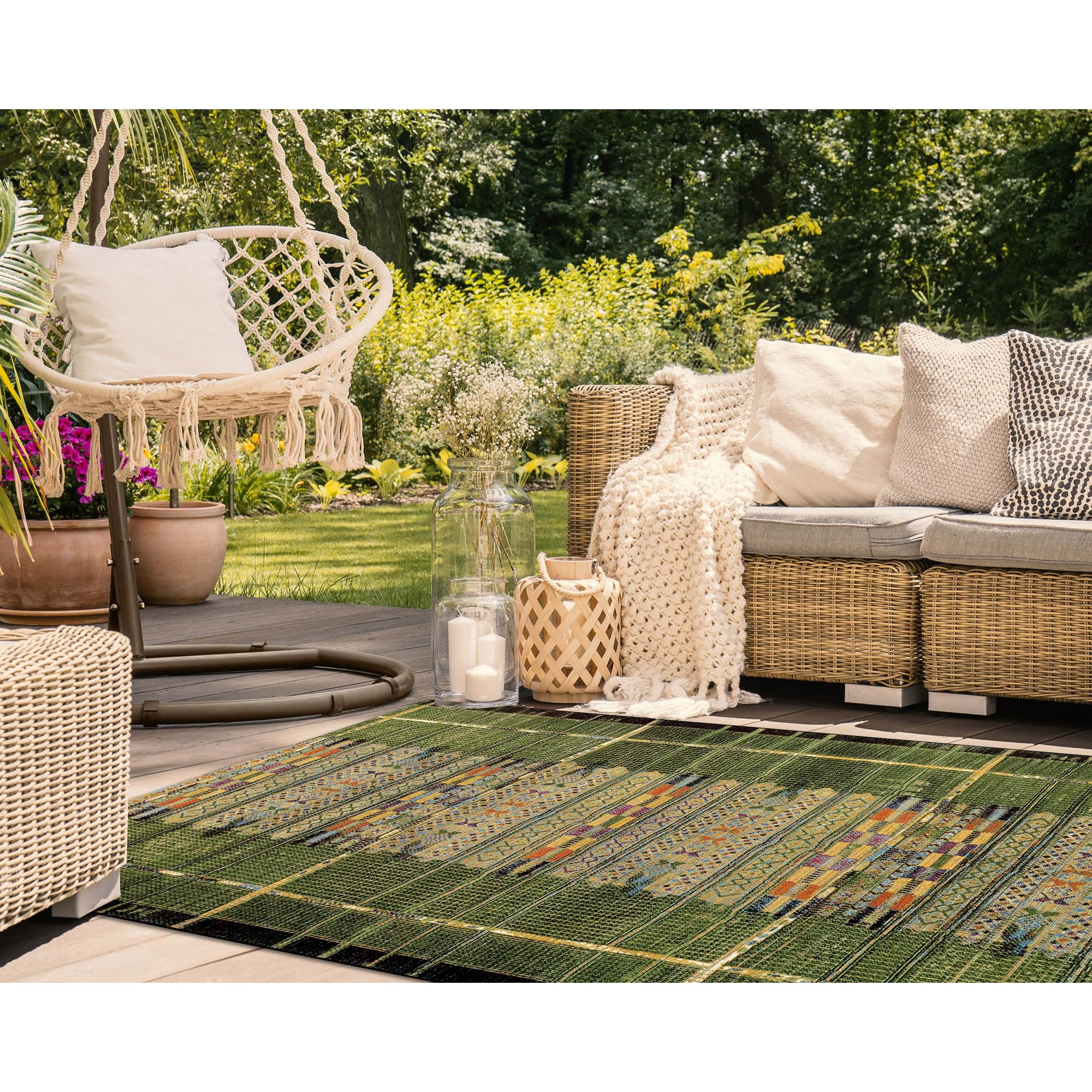 Liora Manne Marina Indoor Outdoor Rug - Tribal Design, Comfortable & Durable, Power Loomed, Polypropylene Material, Uv Stabilized, Tribal Stripe Green, 4'10' X 7'6'