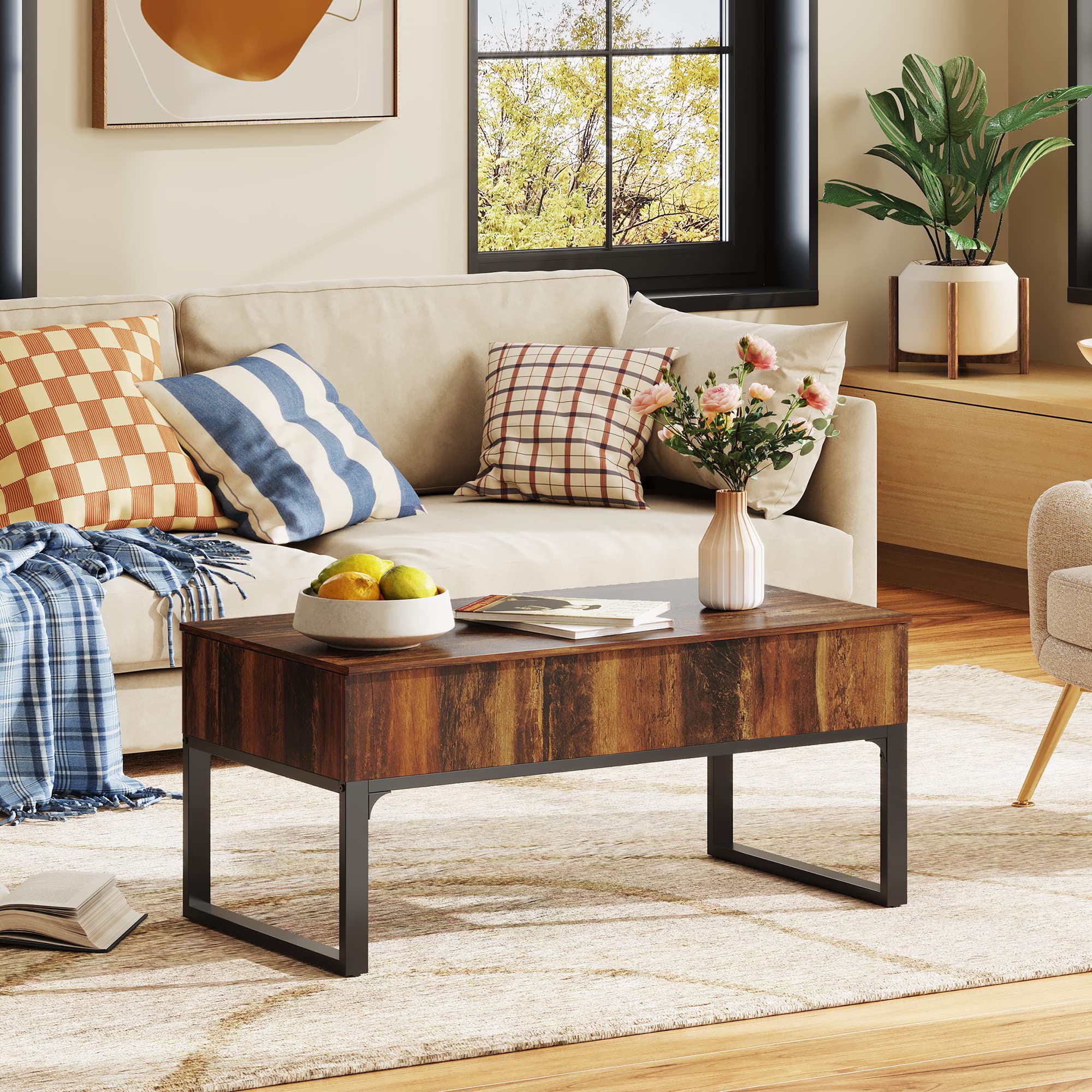 Wlive Lift Top Coffee Table With Storage, 40.9' Coffee Table With Lifting Top & Sliding Top, Wood Modern Center Table With 2 Hidden Compartment For Living Room, Retro Brown