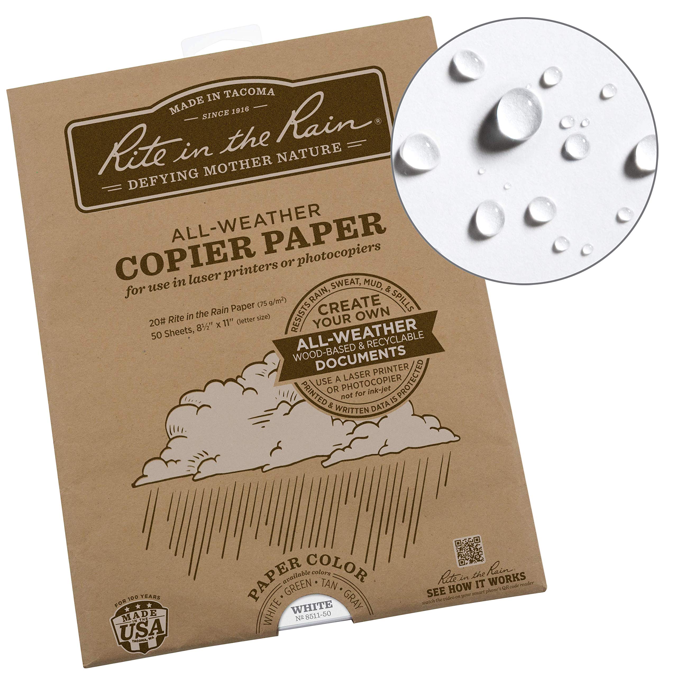 Rite In The Rain Weatherproof Laser Printer Paper, 8.5' X 11', 20# White, 50 Sheet Pack (No. 8511-50)