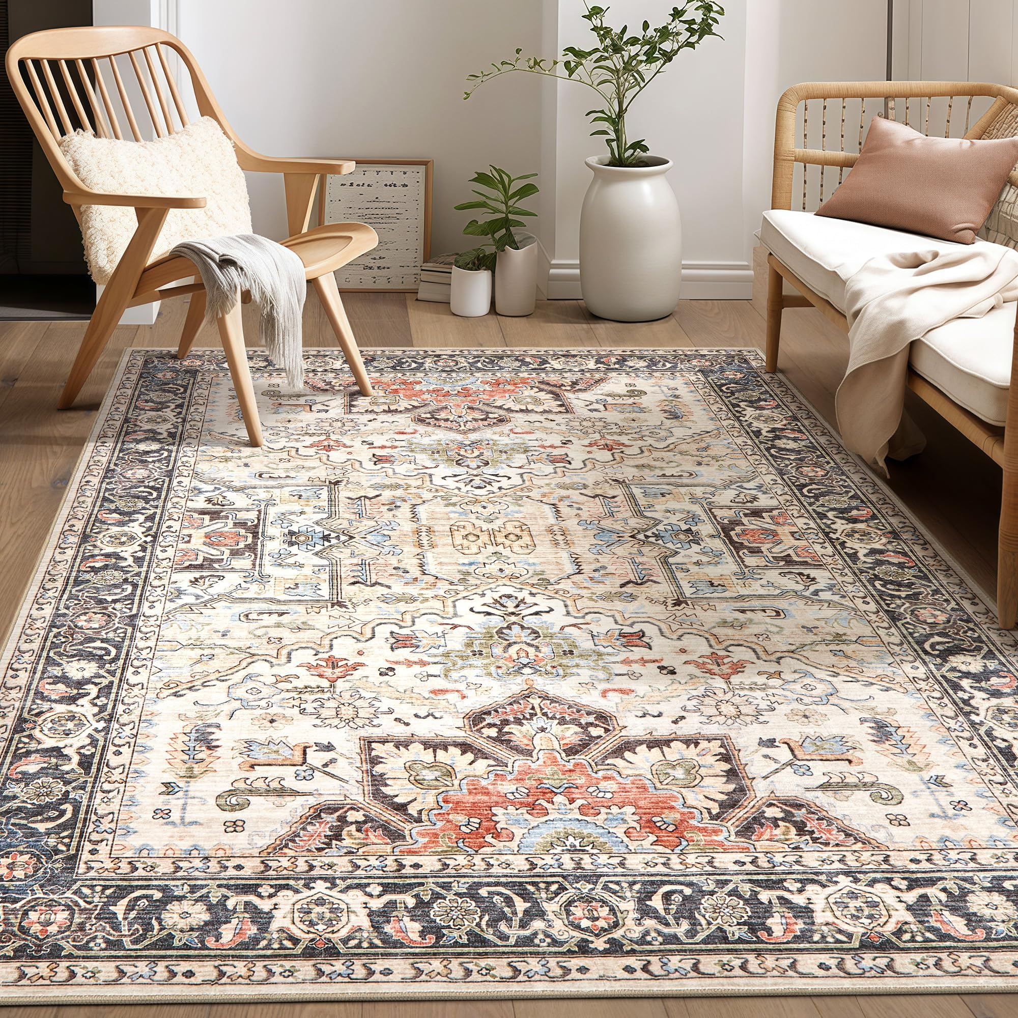 homewill Area Rug Living Room Rugs - 6x9 Soft Machine Washable Oriental Vintage Floral Distressed Rug Large Indoor Floor Carpet 