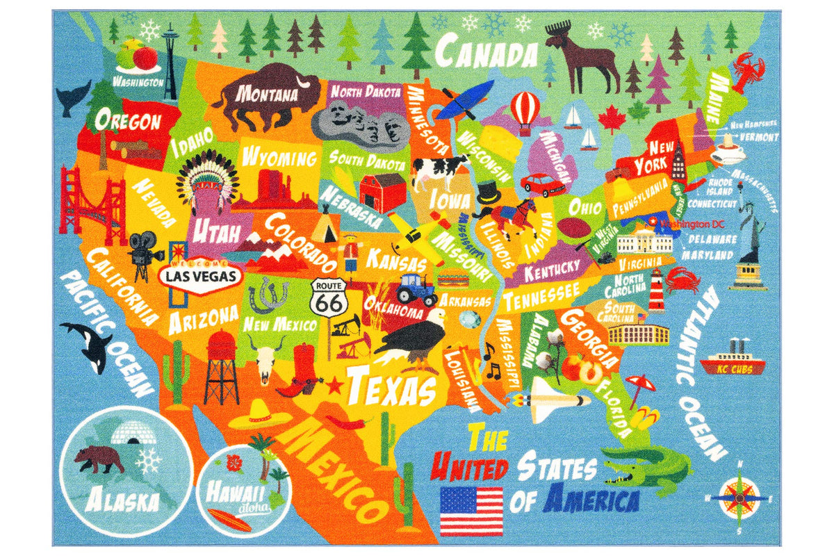 Kc Cubs Playtime Collection Usa United States Map Educational Learning & Game Area Rug Carpet For Kids And Children Bedrooms And