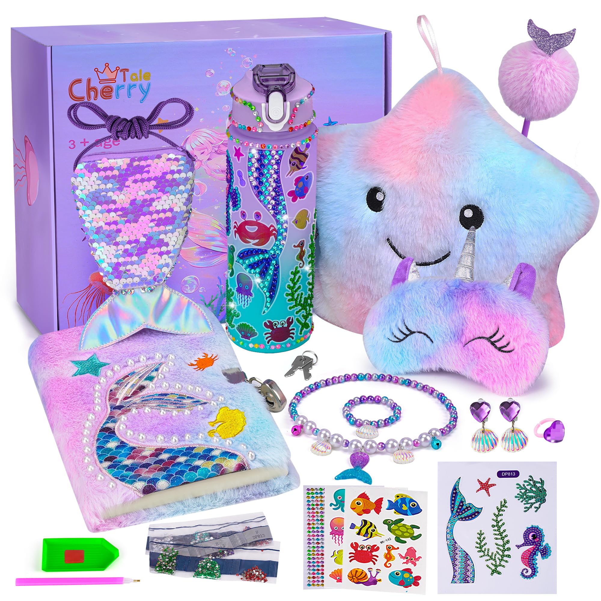 Cherry Tale Mermaid Gifts For Girls Age 4 5 6 7 8 9 10, Girls Mermaid Birthday Gifts Set With Light Up Star Pillow Diary Plush D