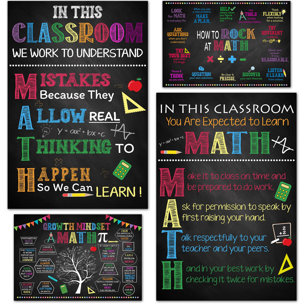 4 Pcs Math Posters 11'X17', Math Classroom Supplies For Teachers, Math Classroom Decorations For Elementary, Middle School, Hi