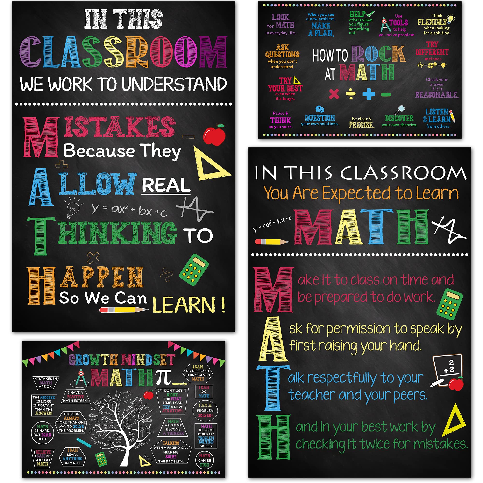 4 Pcs Math Posters 11'X17', Math Classroom Supplies For Teachers, Math Classroom Decorations For Elementary, Middle School, Hi