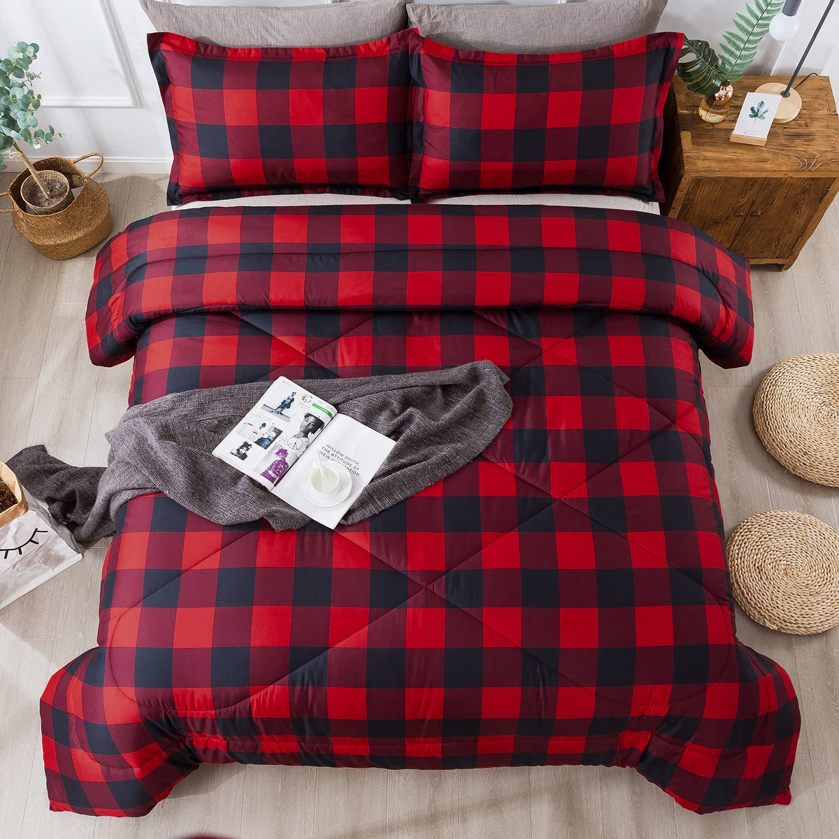 Andency Red Burgundy Black Checkered Comforter Set Queen(90X90Inch), 3 Pieces (1 Plaid Comforter And 2 Pillowcases), Lightweight