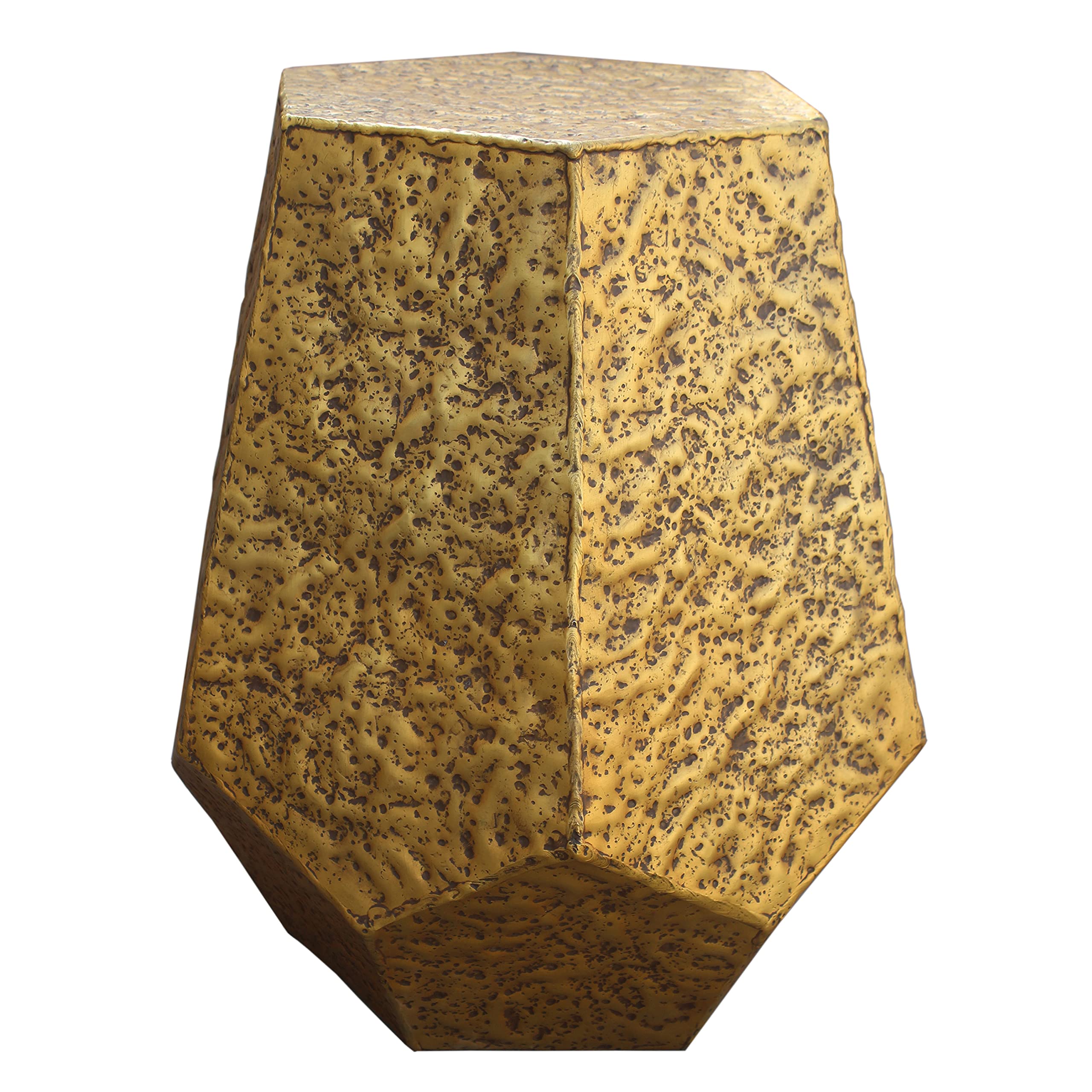 The Urban Port 21-Inch Handcrafted Hexagonal Accent Metal End Table with Engraved Details, Aluminum, Antique Brass