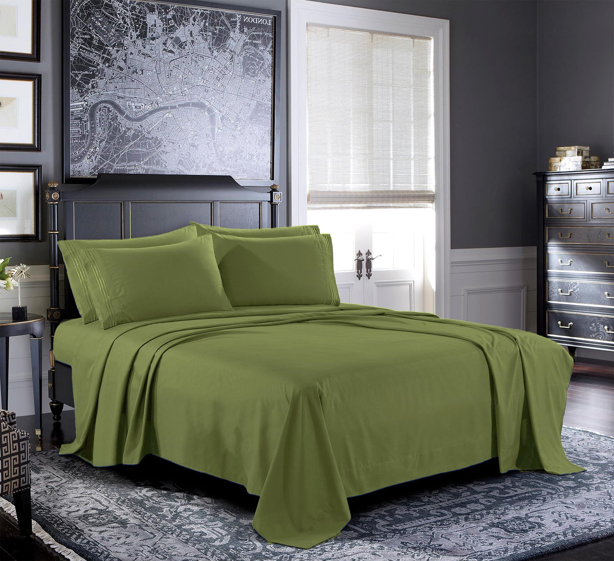 Pure Bedding Bed Sheets - Full Sheet Set [6-Piece, Olive Green] - Hotel Luxury 1800 Brushed Microfiber - Soft And Breathable - D