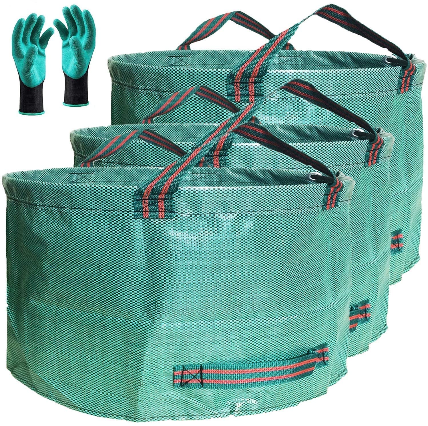 Professional 3-Pack 63 Gallons Lawn Garden Bags (D31, H19 Inches) Reusable Yard Waste Bag With Gardening Gloves - Patio Standabl