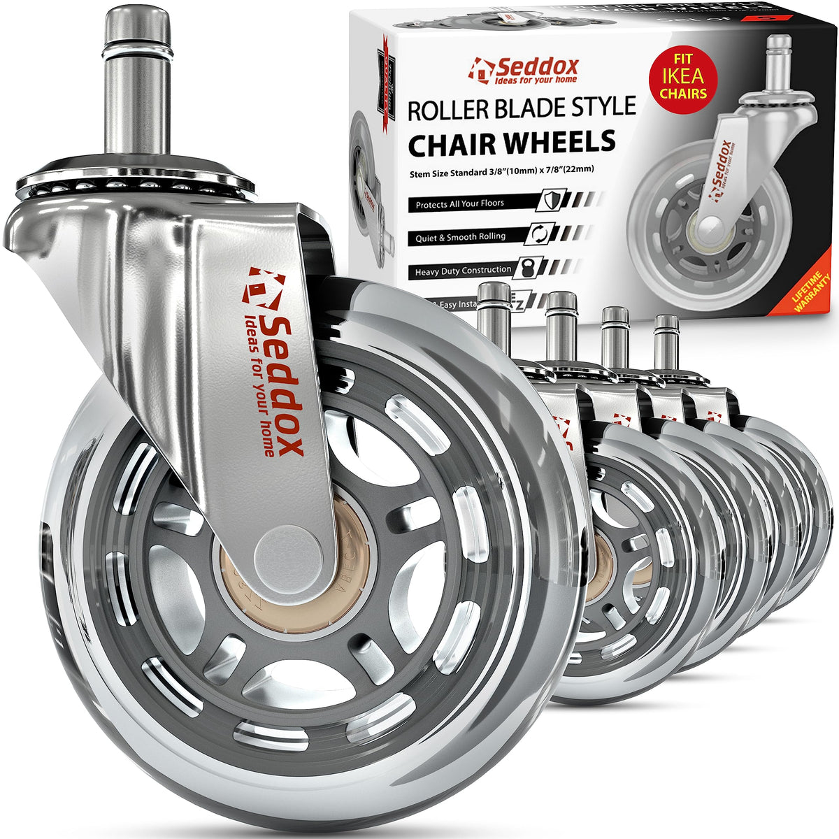 Office Chair Wheels Replacement Set 10Mm (3/8' X 7/8') Stem - Fits Ikea Chairs Only - Soft Desk Chair Casters For Wood Floors