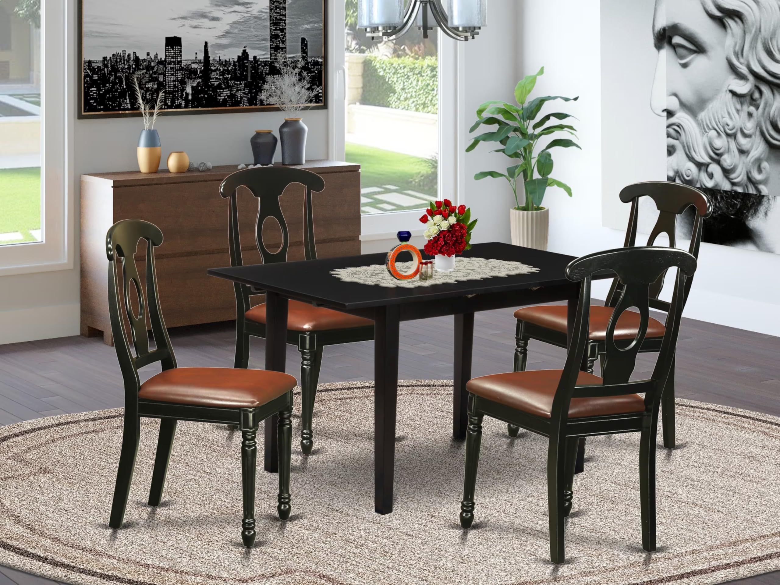 East West Furniture Noke5-Blk-Lc 5 Piece Dining Room Table Set Includes A Rectangle Kitchen Table With Butterfly Leaf And 4 Faux Leather Upholstered Dining Chairs, 32X54 Inch, Black