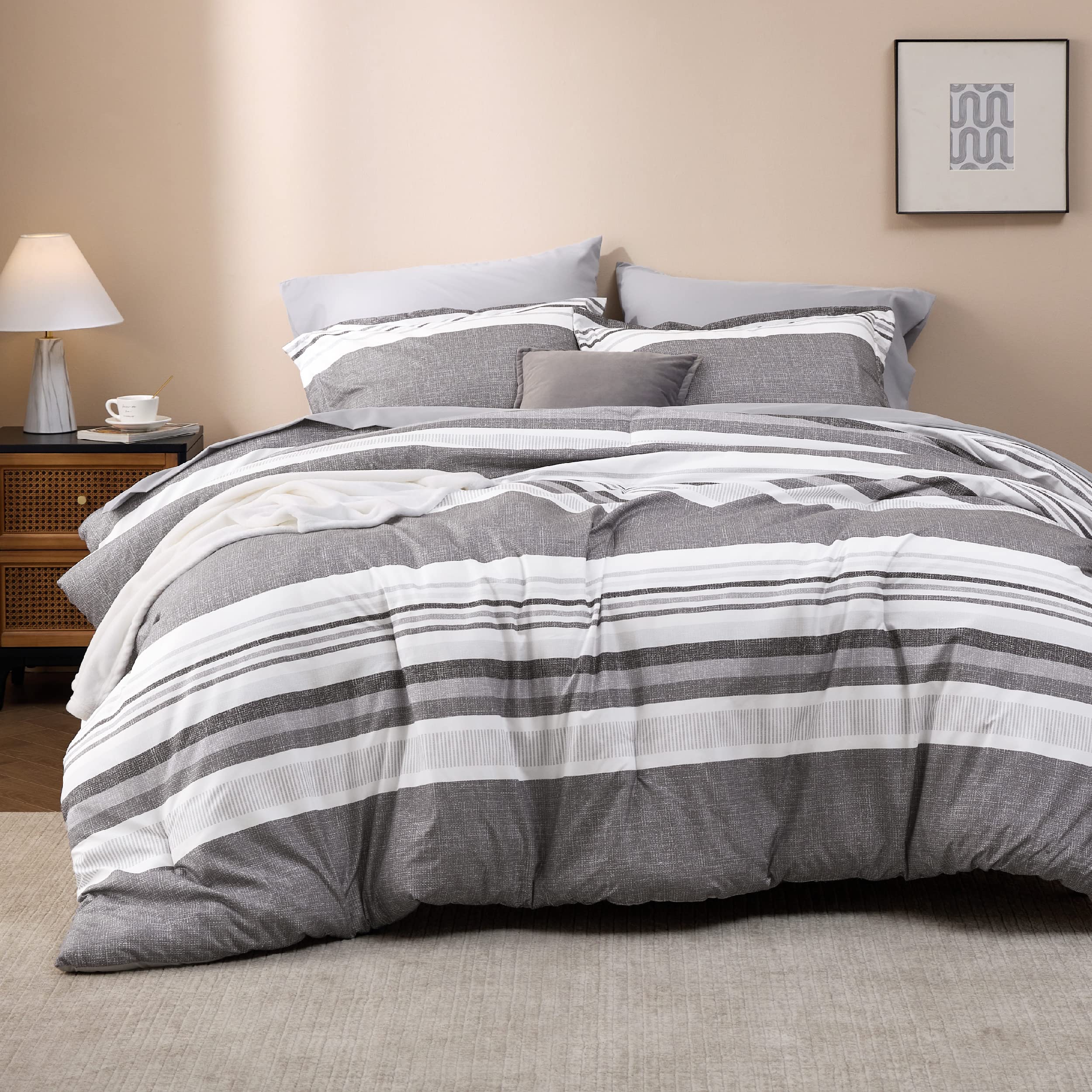 Bedsure King Comforter Set 7 Pieces, Frost Grey Striped Bedding Set For King Size Bed Reversible, Cationic Dyeing Bed In A Bag With Comforter, Sheets, Pillowcases & Shams