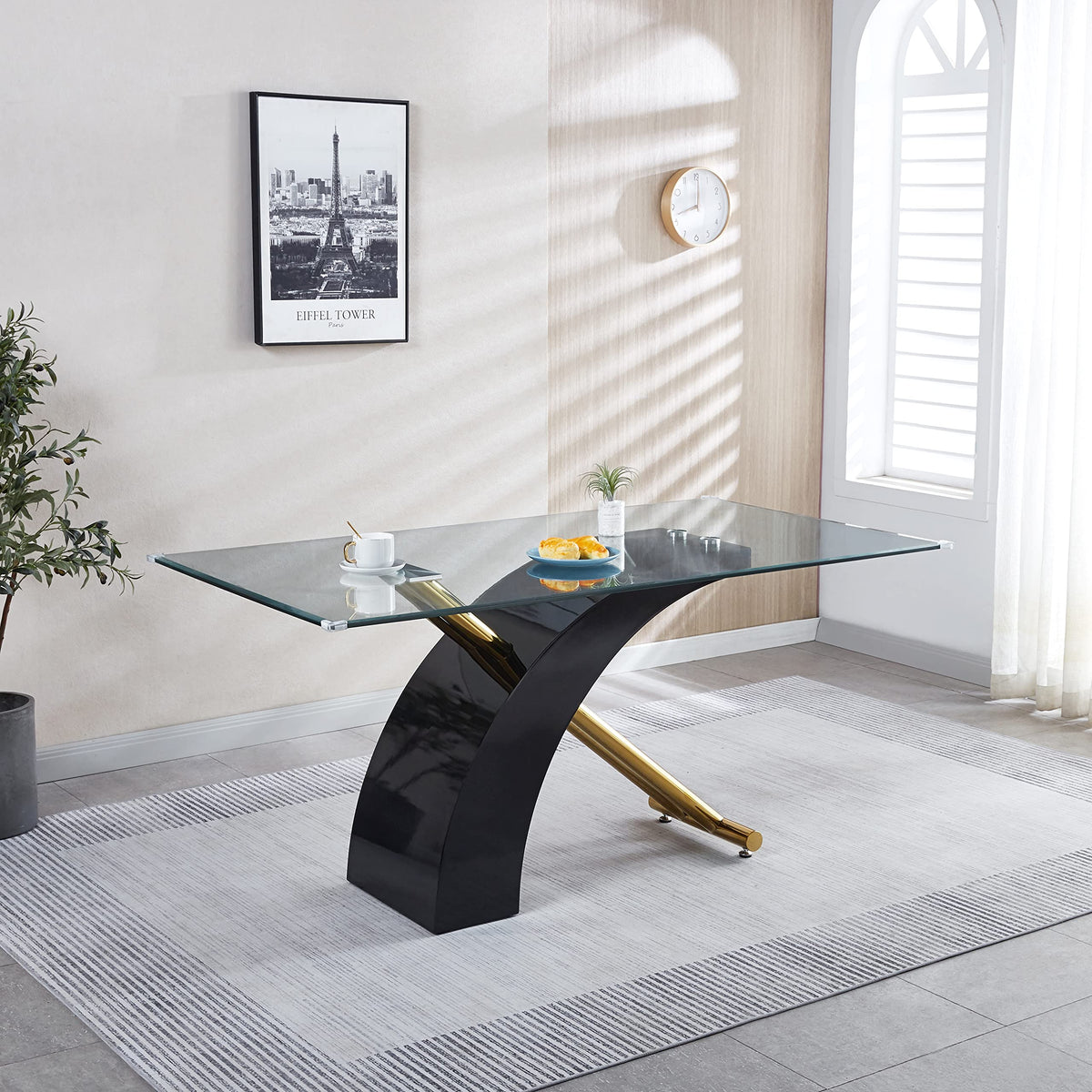 Contemporary 62.99' Tempered Glass Dining Table,Modern Design Rectangular Kitchen Dining Room Table With Clear Glass Top And X-Shape Pedestal, Dining Table For Home Kitchen Dinner(No Chairs)