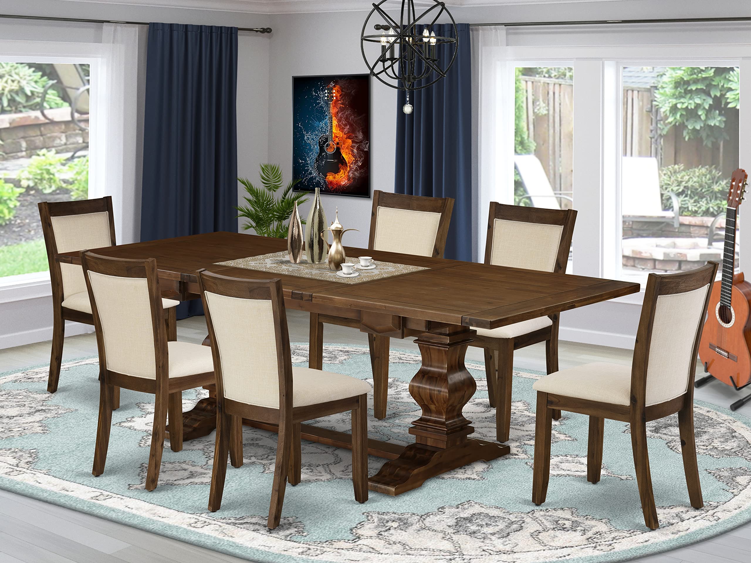 East West Furniture Lamz7-N8-32 7 Piece Dining Table Set Consist Of A Rectangle Dining Room Table With Removable Leaf And 6 Light Beige Linen Fabric Parson Chairs, 42X92 Inch, Walnut