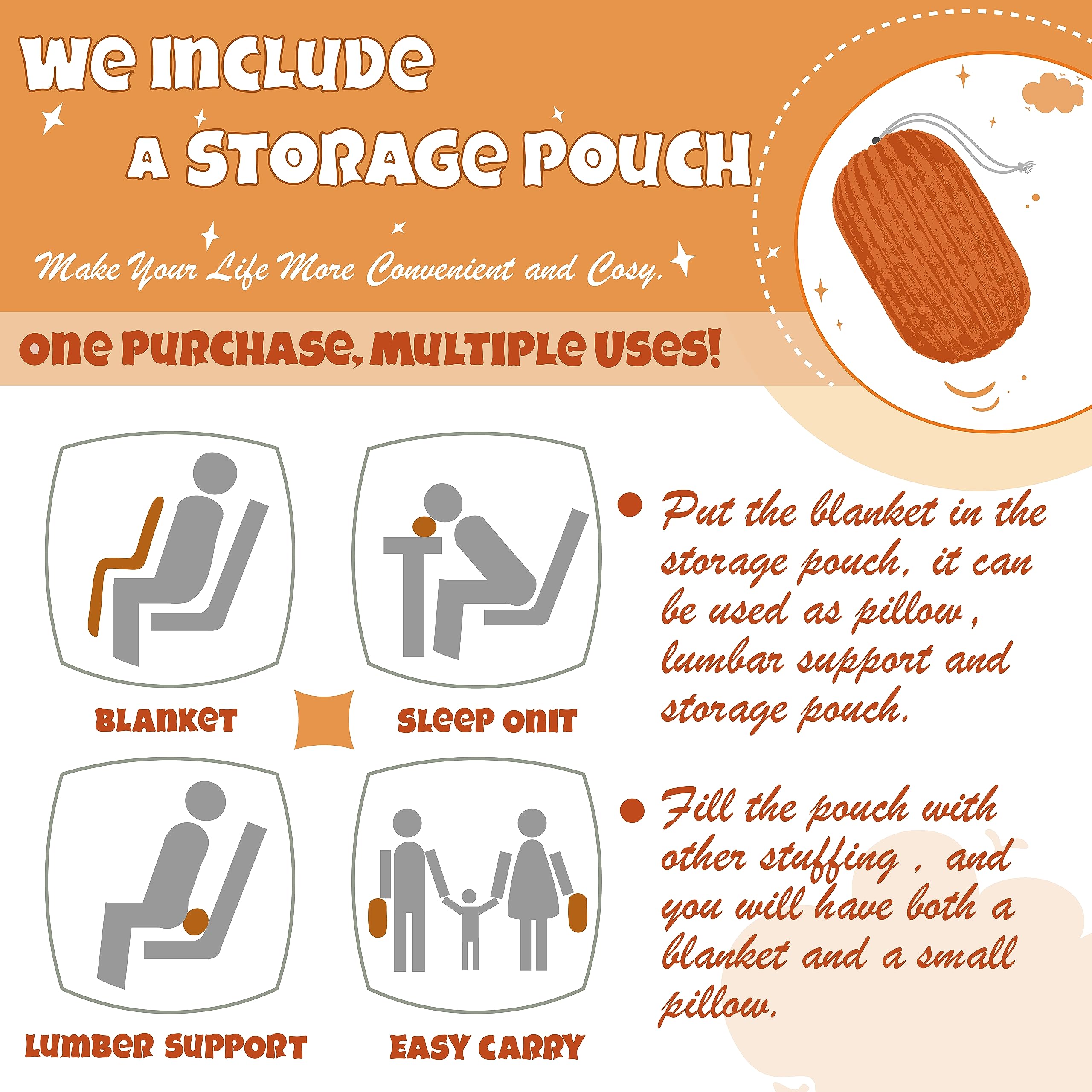 Bnuitland Orange Flannel Throw Blanket (90X108 Inches) With Storage Pouch,300Gsm Super Soft Fleece Stripe Pattern Sofa Blanket F