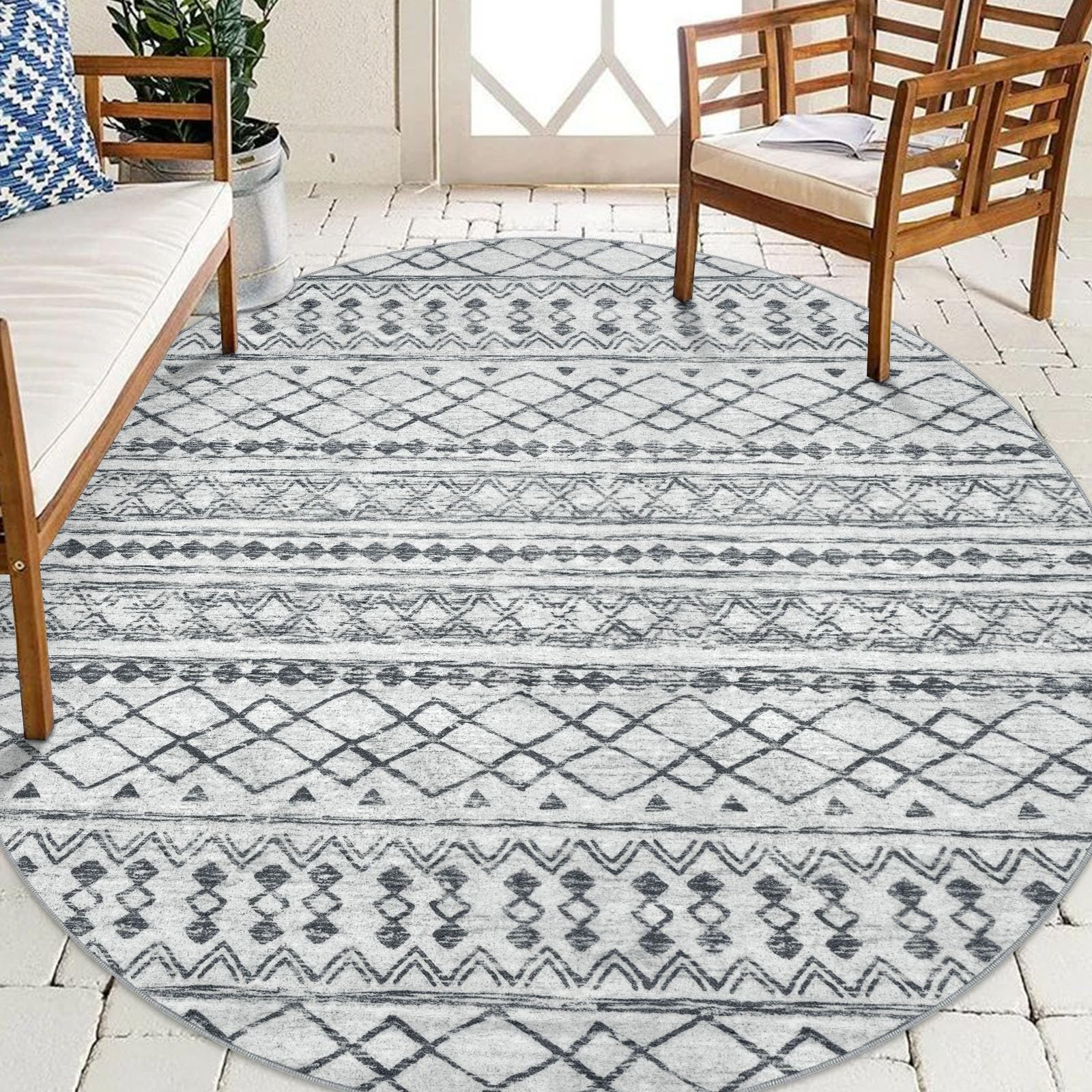 KUTA Boho Round Washable Rugs 5Ft Grey Moroccan Round Area Rugs Non-Slip Soft Distressed Geometric Circle Rugs for Living Room B