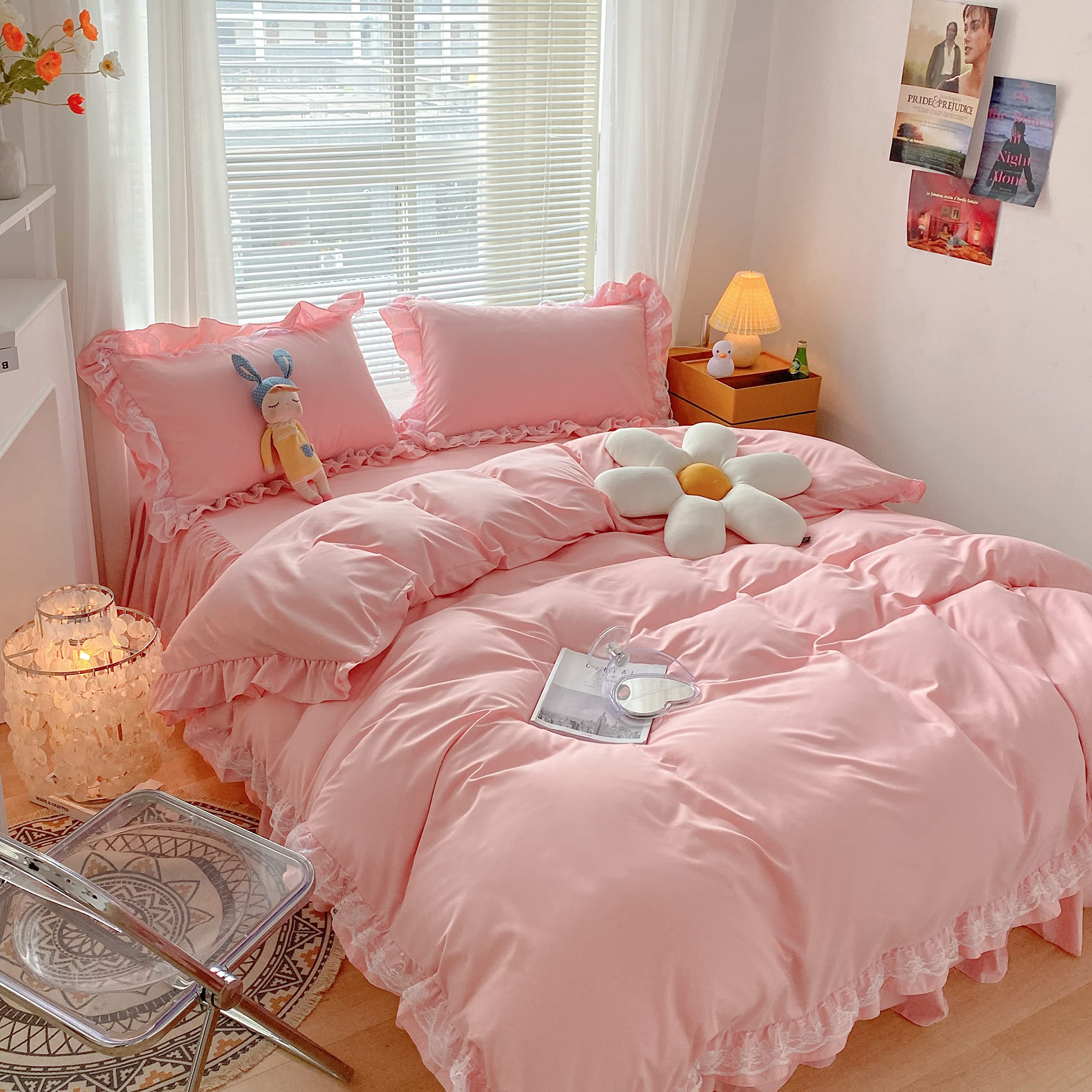 Moowoo Chic Ruffle Lace Polyester Duvet Cover Set -Girl Pink Bedding-3 Piece Full Duvet Cover With Zipper Closure -Ultra Soft An
