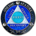 Simply Minimal (Years 1-50) Aa 36 Year Crystals And Glitter Sober Chip, Silver Color Plated Coin, Black Rainbow, Blue Glitter An