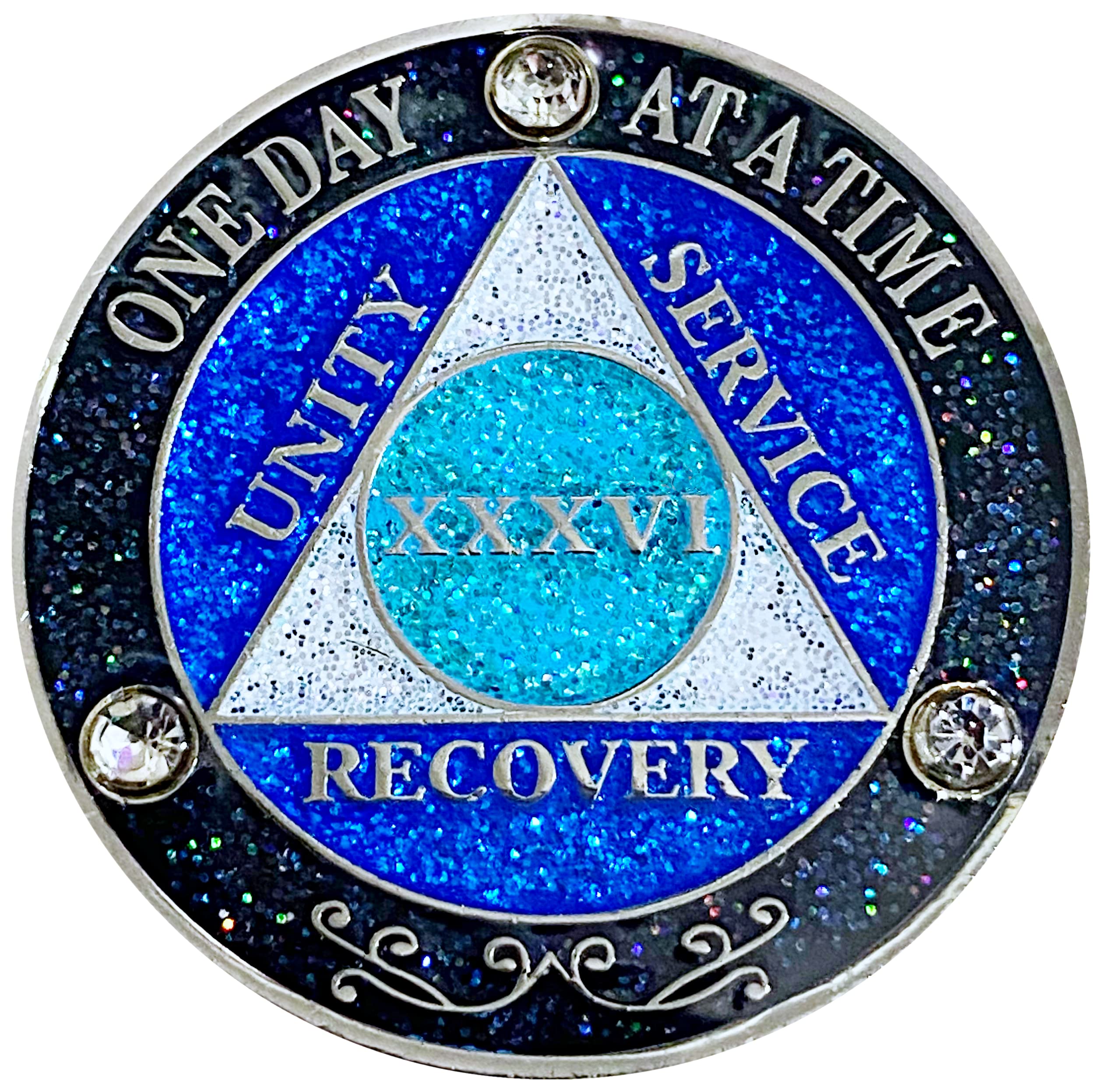Simply Minimal (Years 1-50) Aa 36 Year Crystals And Glitter Sober Chip, Silver Color Plated Coin, Black Rainbow, Blue Glitter An