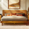 Acacia Elara King Platform Bed Frame - Mid-Century Modern Style, Carved Headboard, Solid Wood, Caramel Finish, No Box Spring, 80