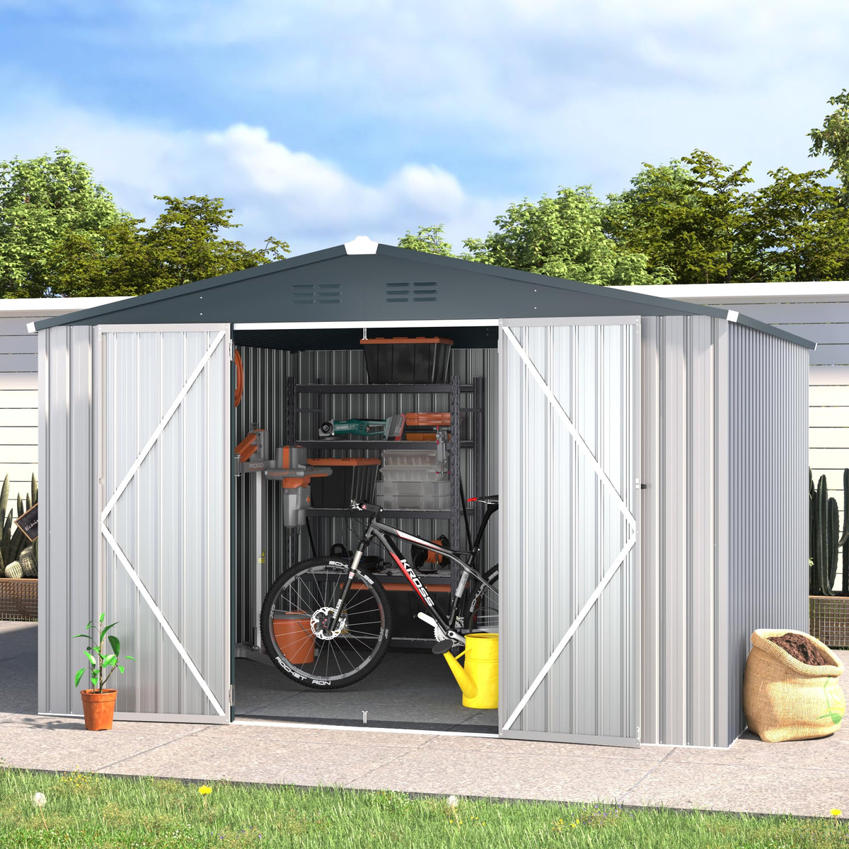 Acojoy 10'X10' Shed, Large Metal Storage Sheds & Outdoor Clearance, Steel Backyard Shed With Lockable Doors, Utility And Tool St