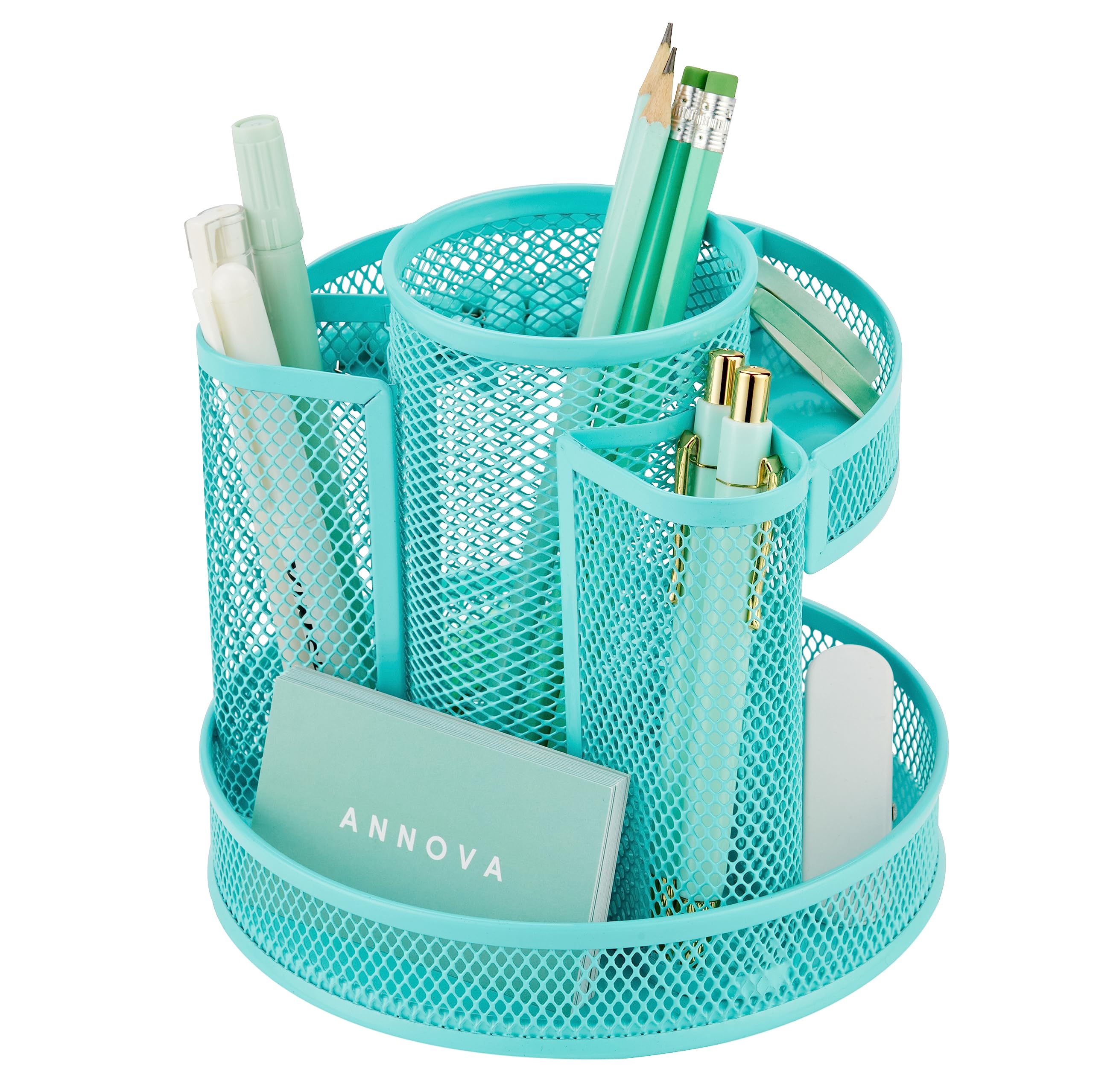 Annova Mesh Desk Organizer Rotate With 5 Compartments Round Spinning Tidy Candy/Pen Holder Desk Accessories Office, Art Supply,