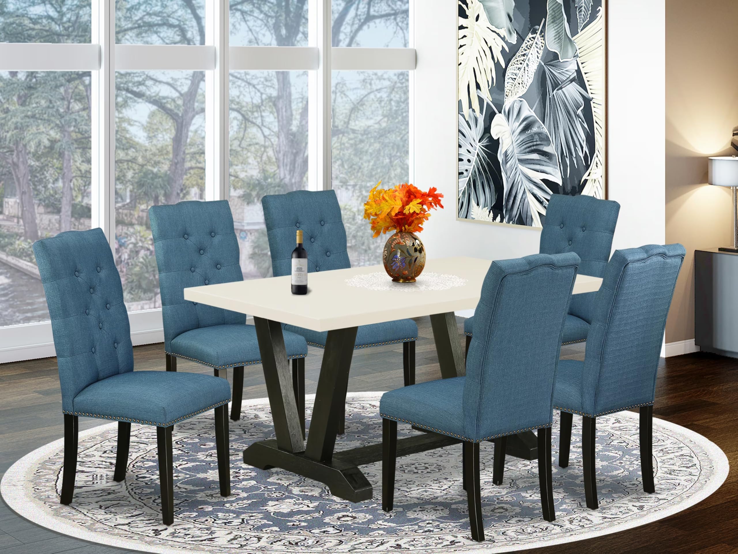 East West Furniture V626El121-7 7 Piece Dining Set Consist Of A Rectangle Dining Room Table With V-Legs And 6 Blue Linen Fabric Upholstered Parson Chairs, 36X60 Inch, Multi-Color