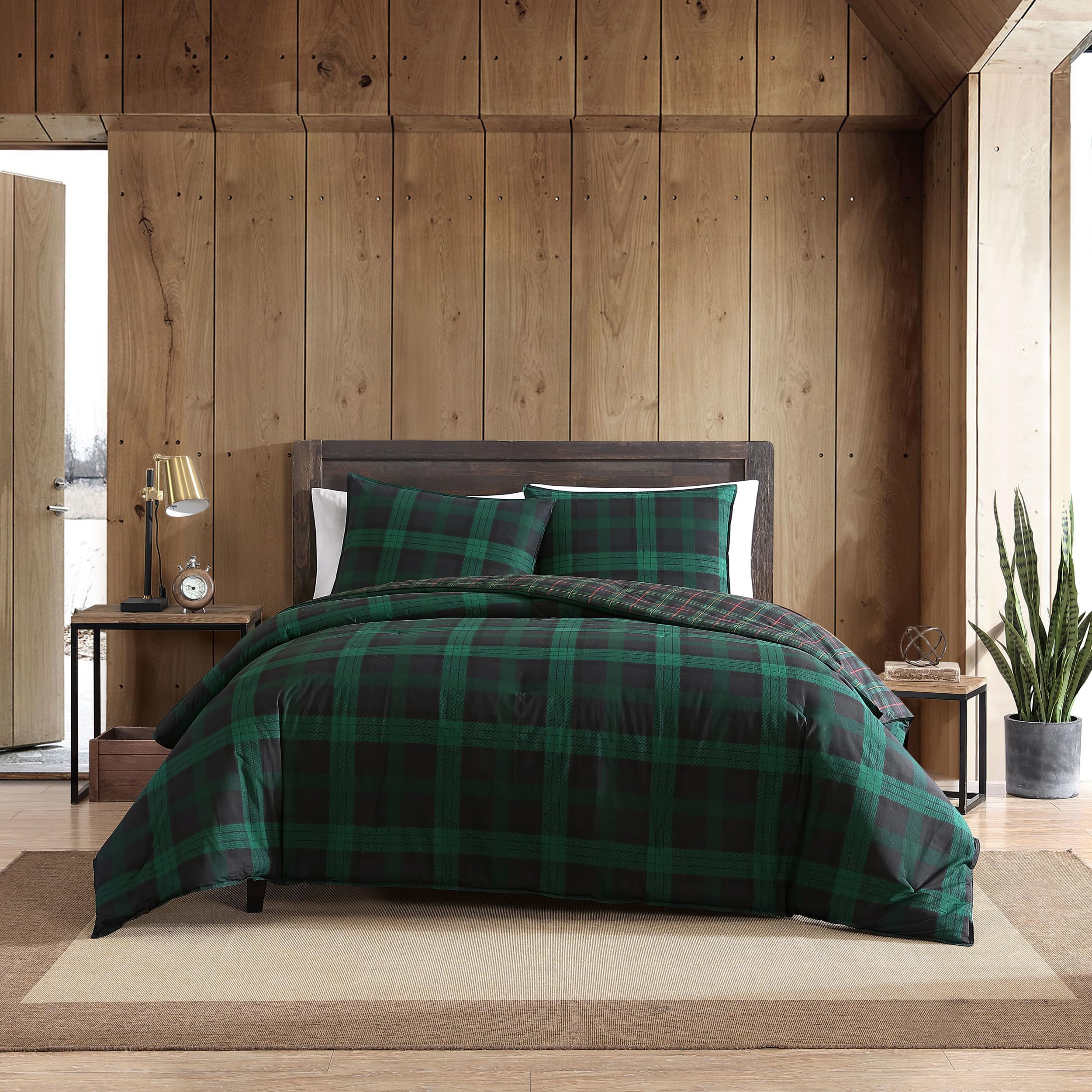 Eddie Bauer Twin Comforter Set - Cotton Reversible Bedding, Woodland Tartan Green, Includes Matching Sham, Model USHSA51126994