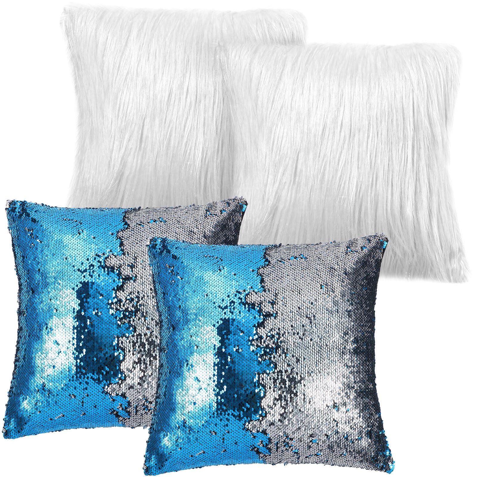 Irenare 4 Pcs Sequin And Fluffy Pillow Covers Winter Faux Fur Throw Pillow Cases Glitter Bling Soft Fuzzy Cushion Cover For Couc