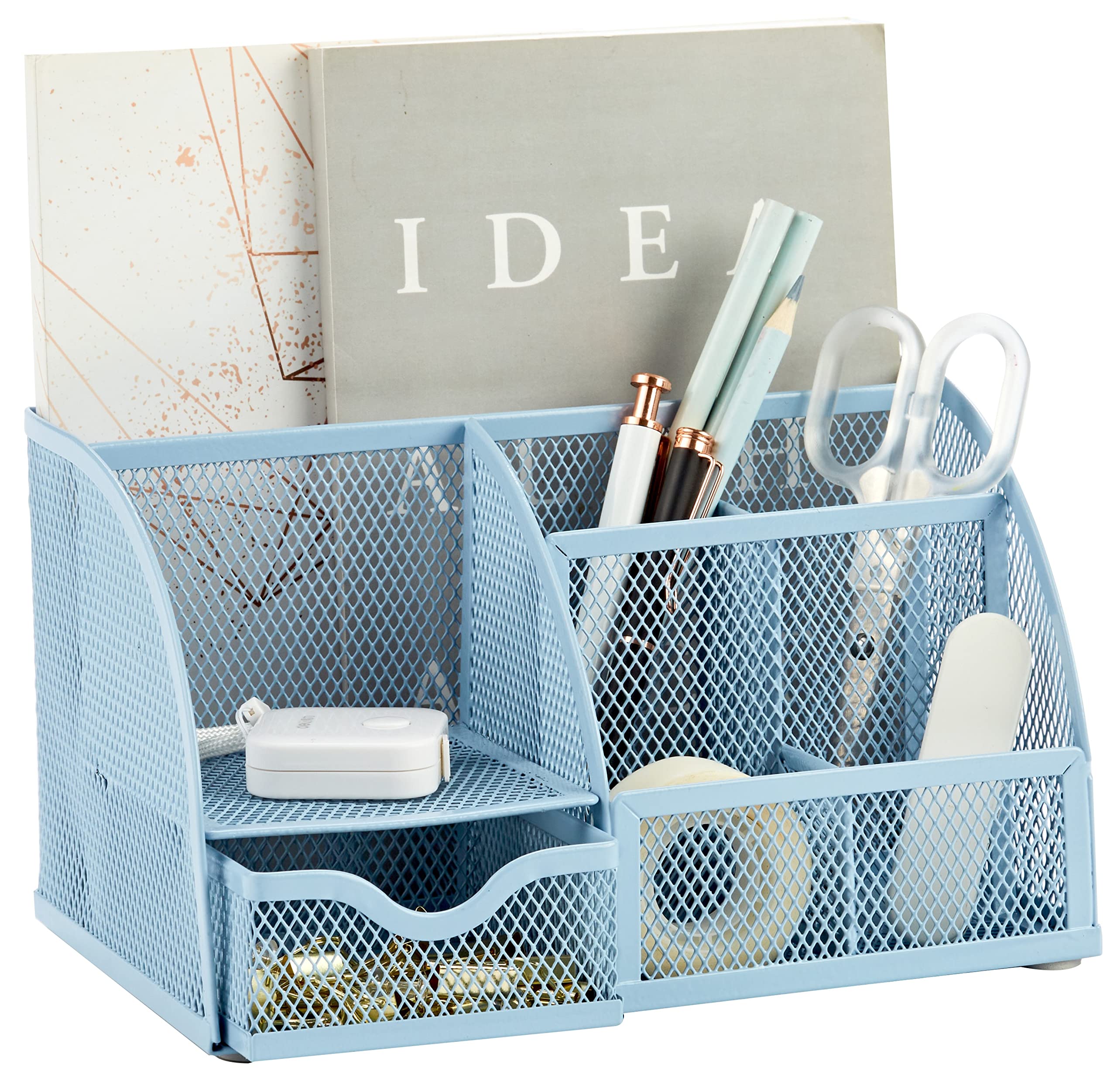 Annova Mesh Desk Organizer Office With 7 Compartments + Drawer/Desk Tidy Candy/Pen Holder/Multifunctional Organizer (New Blue 23