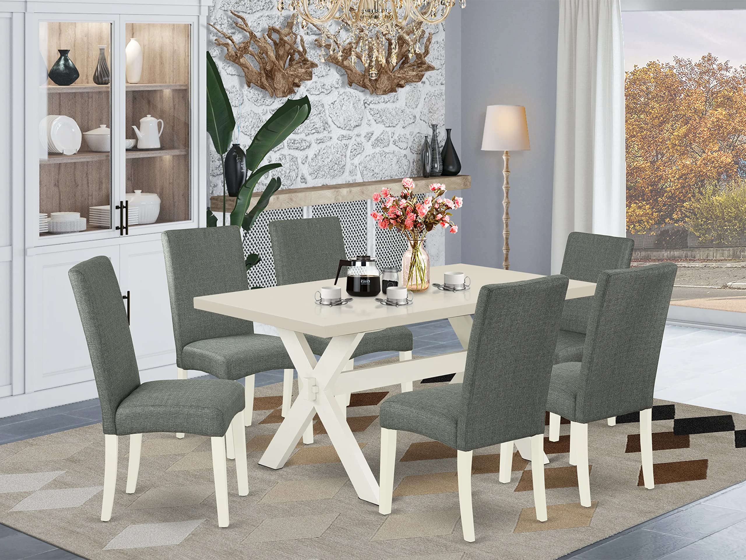 East West Furniture X-Style 7 Piece Modern Set Consist Of A Rectangle Dining Room Table With X-Legs And 6 Gray Linen Fabric Upholstered Chairs, 36X60 Inch, Multi-Color