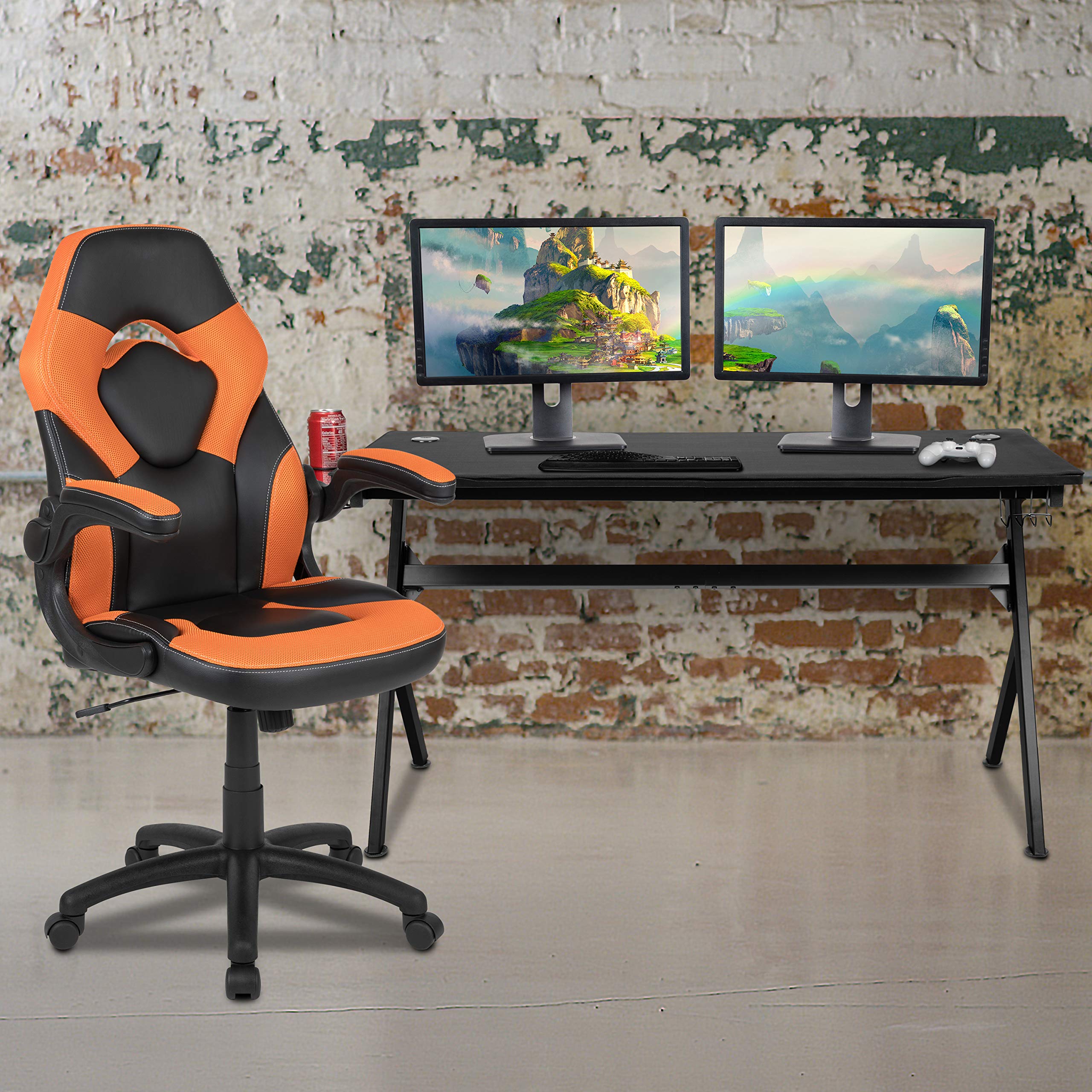 Flash Furniture Gaming Desk And Orange/Black Racing Chair Set /Cup Holder/Headphone Hook/Removable Mouse Pad Top - 2 Wire Management Holes
