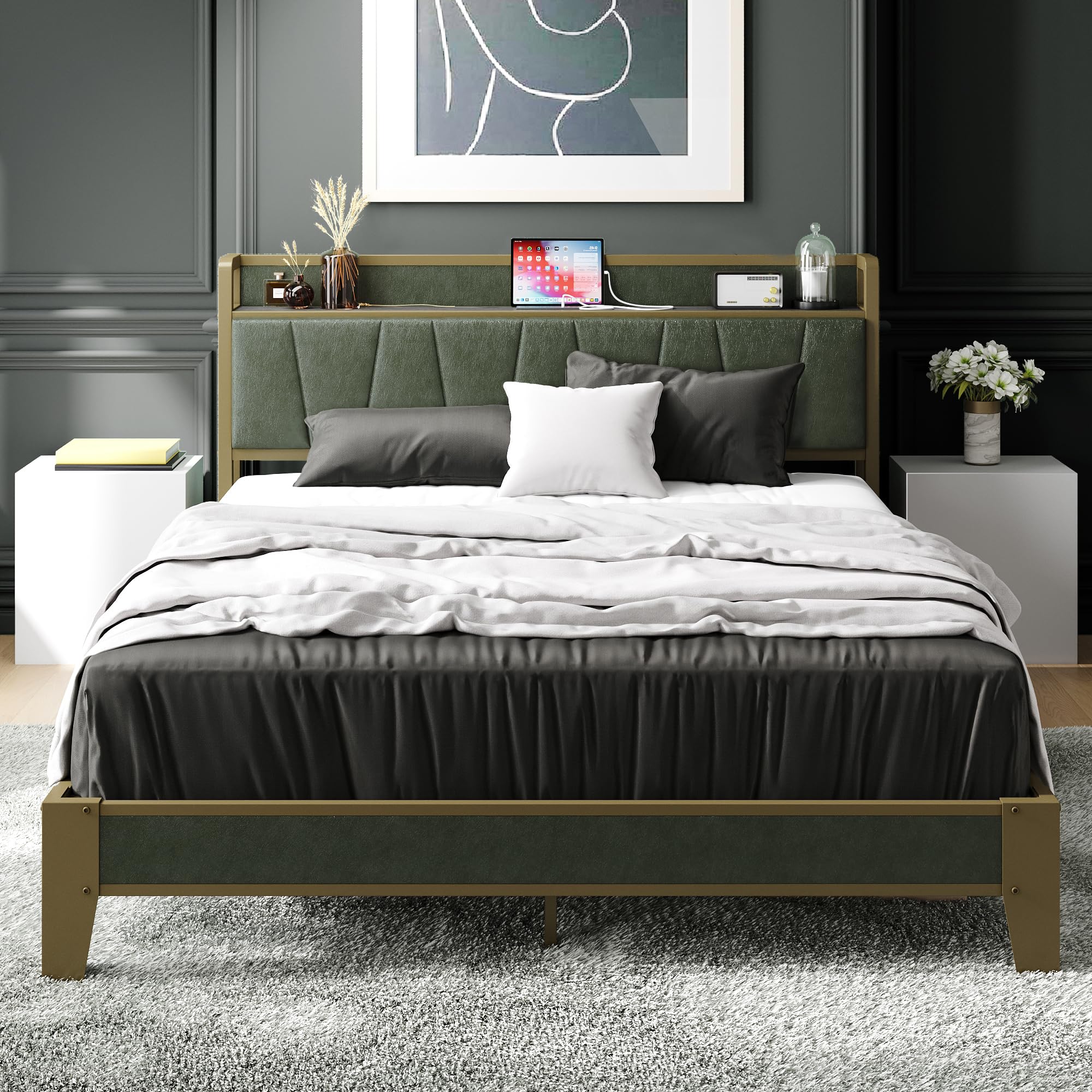 Likimio Queen Bed Frame, Storage Headboard With Charging Station, Solid And Stable, Noise Free, No Box Spring Needed, Easy Assembly (Dark Green)